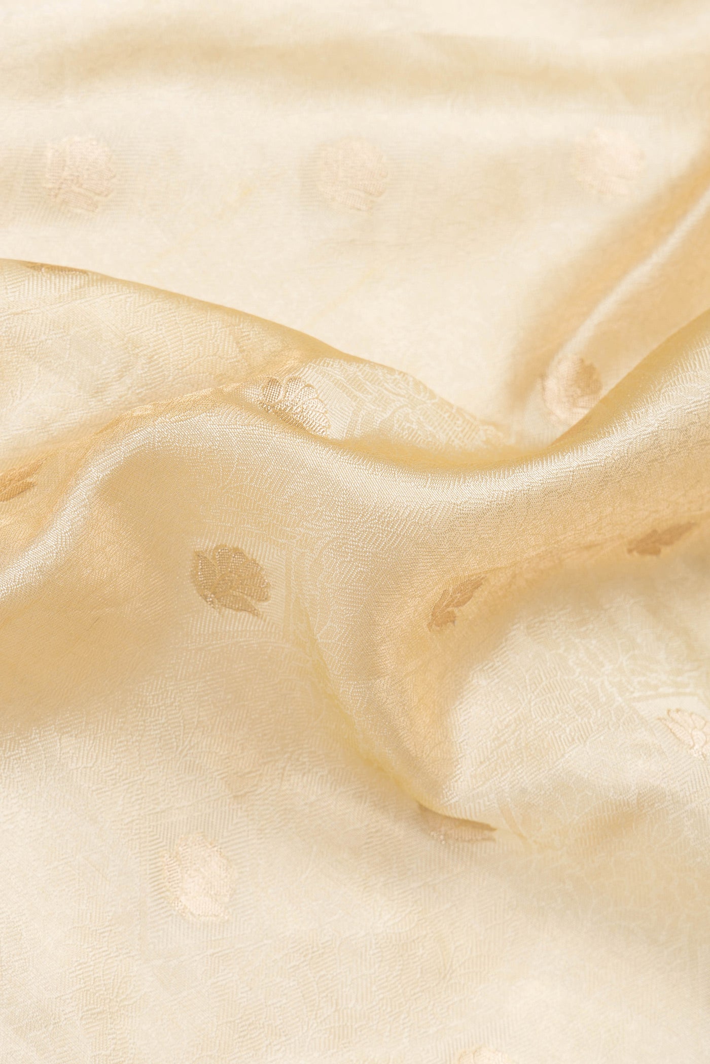 Close up of Sandal Dual Tone Organza Silk Saree with Zari Brocade on the body and Zari Border.  displaying folds