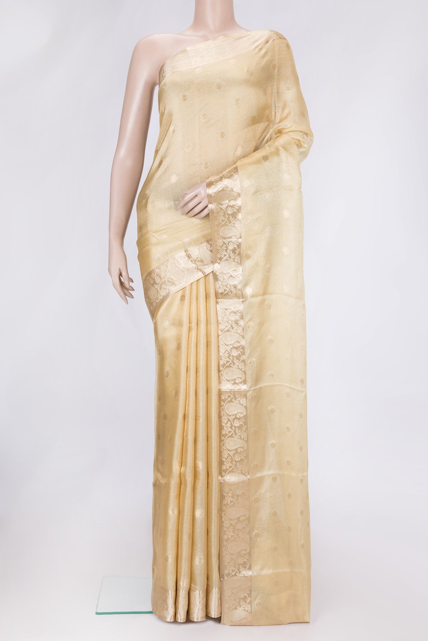 Sandal Dual Tone Organza Silk Saree with Zari Brocade on the body and Zari Border.  displayed on a mannequin