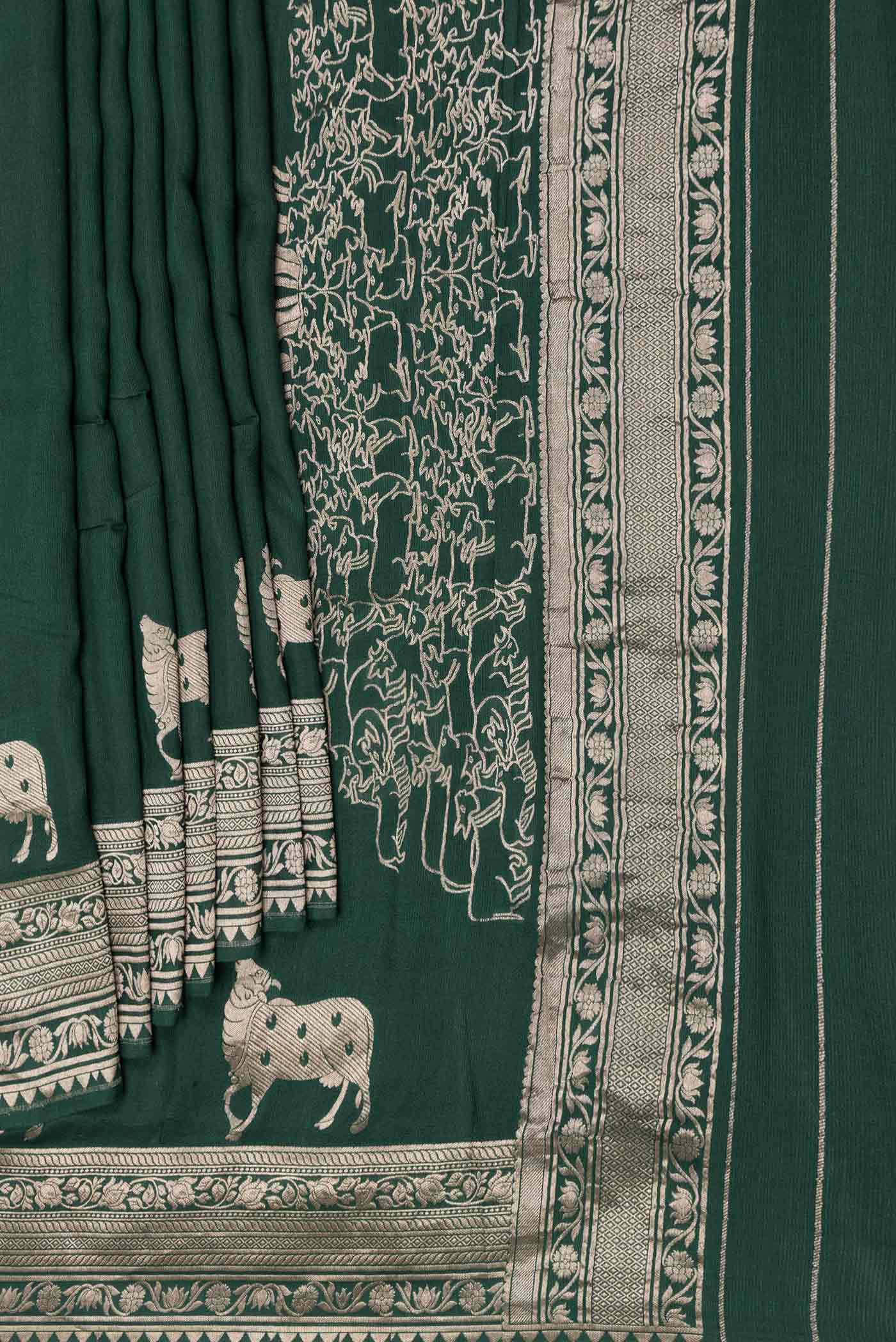 Pleats and pallu of Green Dual Tone Tussar Silk Saree with Zari Butta on the body and Zari Border