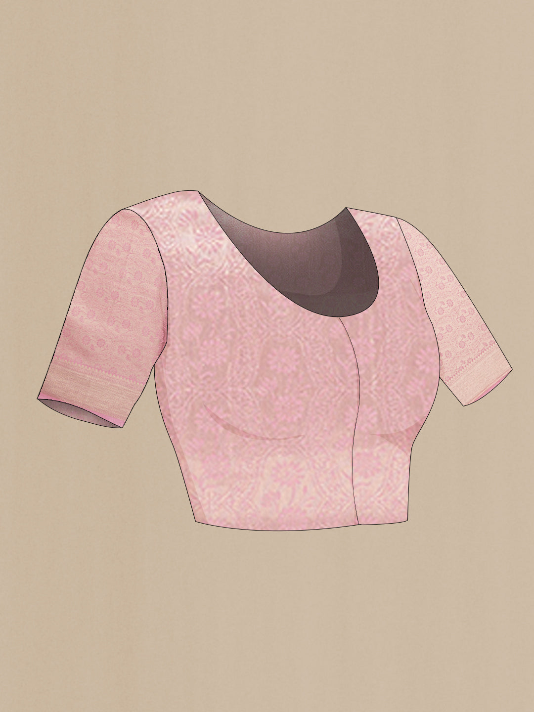 Close up image of the blouse of Pink Dual Tone Tussar Silk Saree with Zari Brocade on the body and Zari Border. 