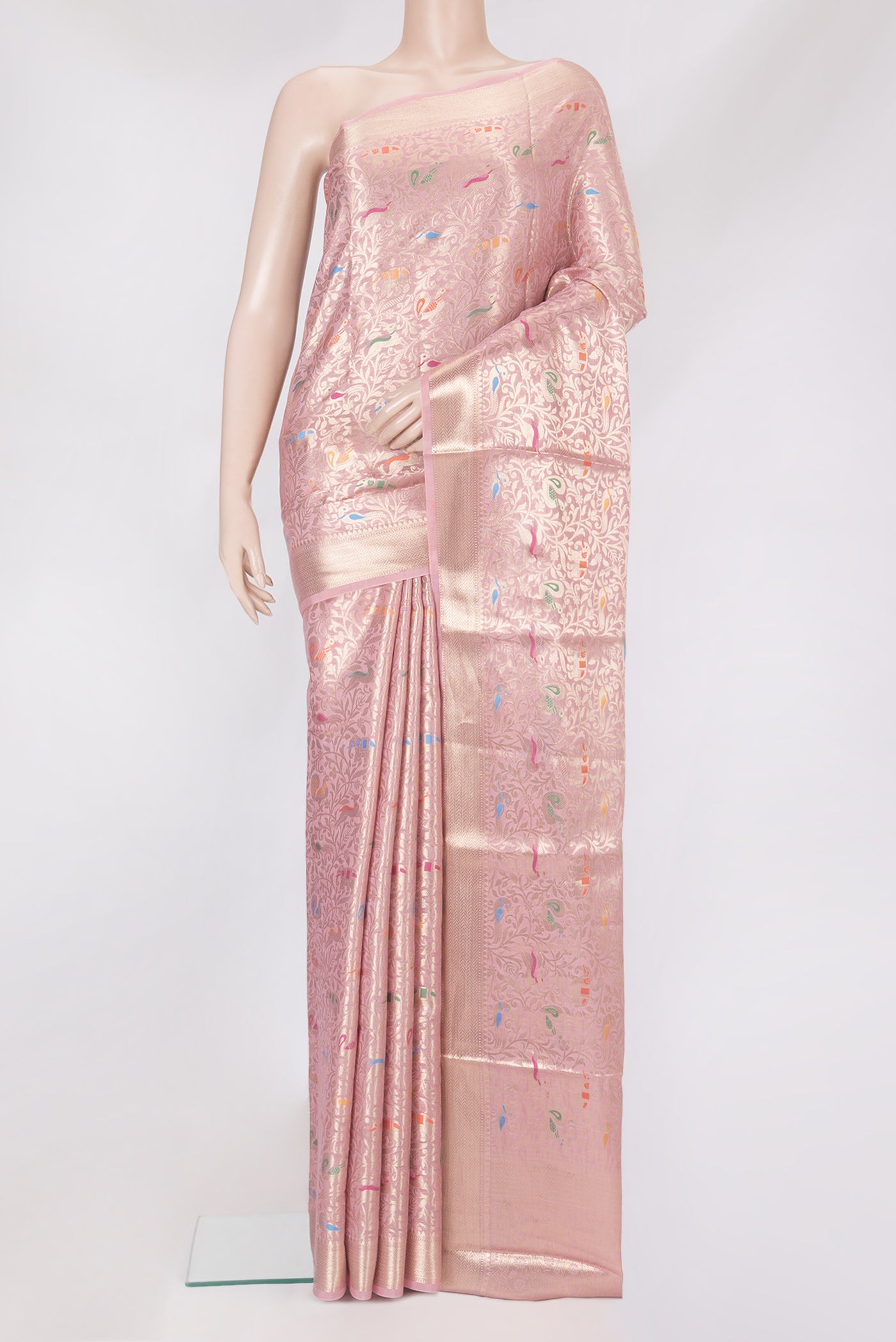 Pink Dual Tone Tussar Silk Saree with Zari Brocade on the body and Zari Border.  displayed on a mannequin