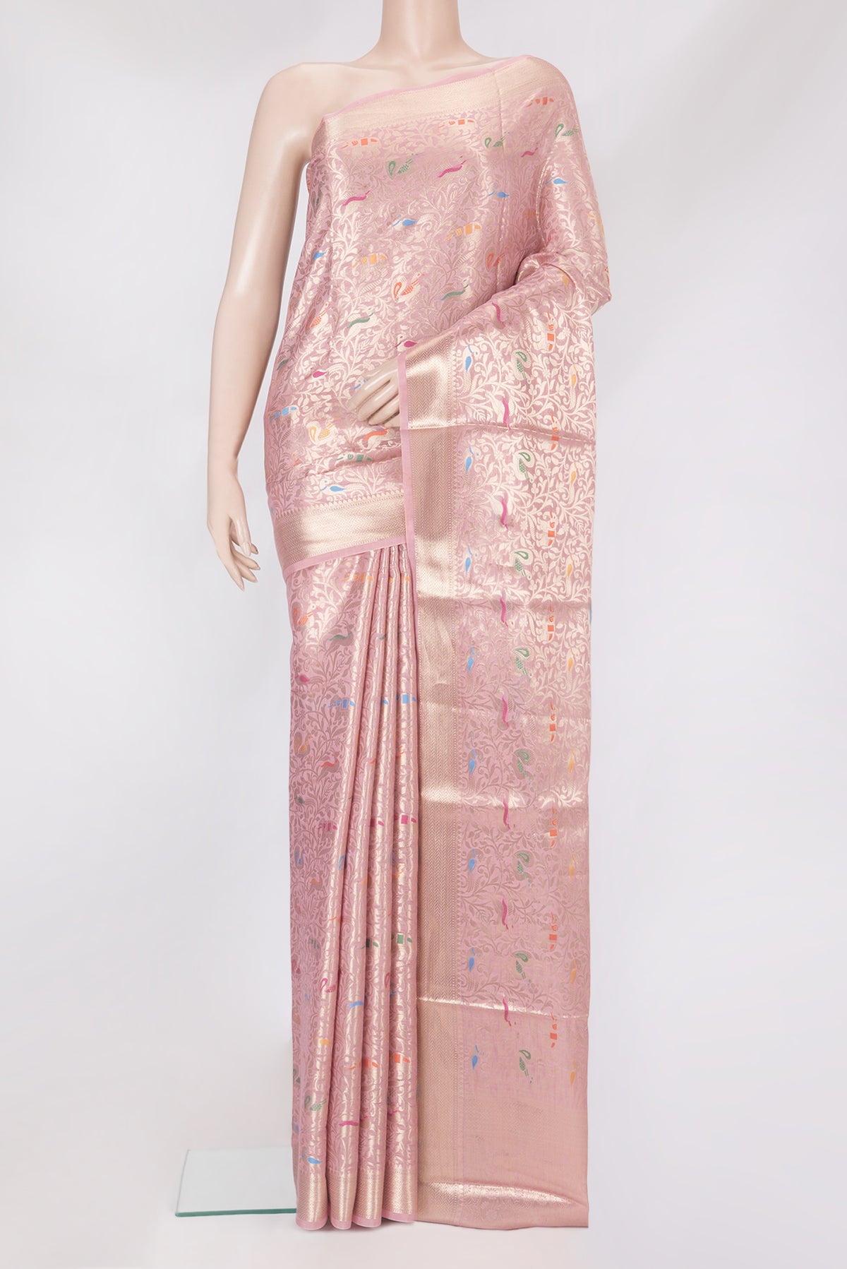 Pink Dual Tone Tussar Silk Saree with Zari Brocade on the body and Zari Border.  displayed on a mannequin