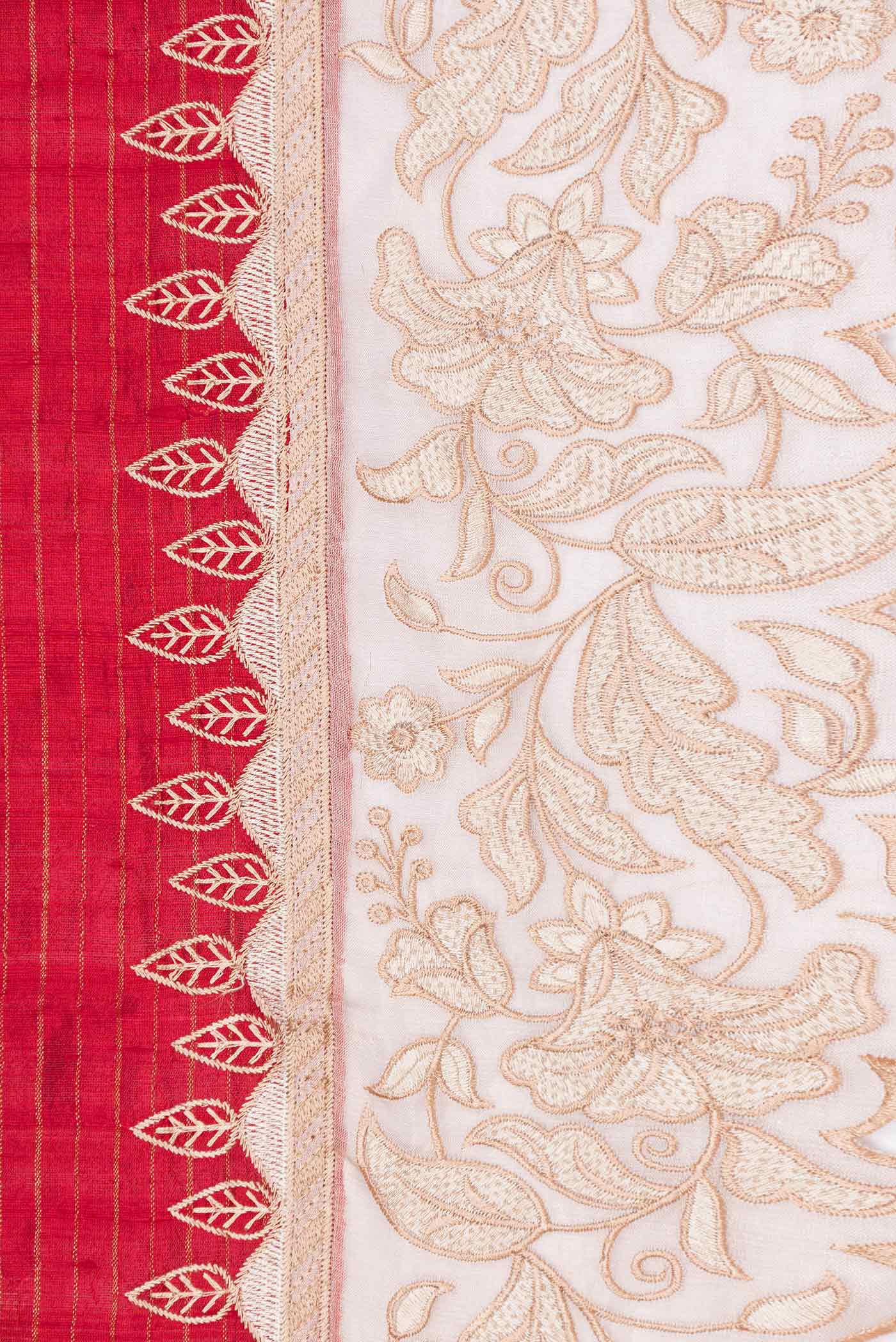 Border image of Red Dual Tone Tussar Silk Saree with Stripes on the body and Embroidery Border