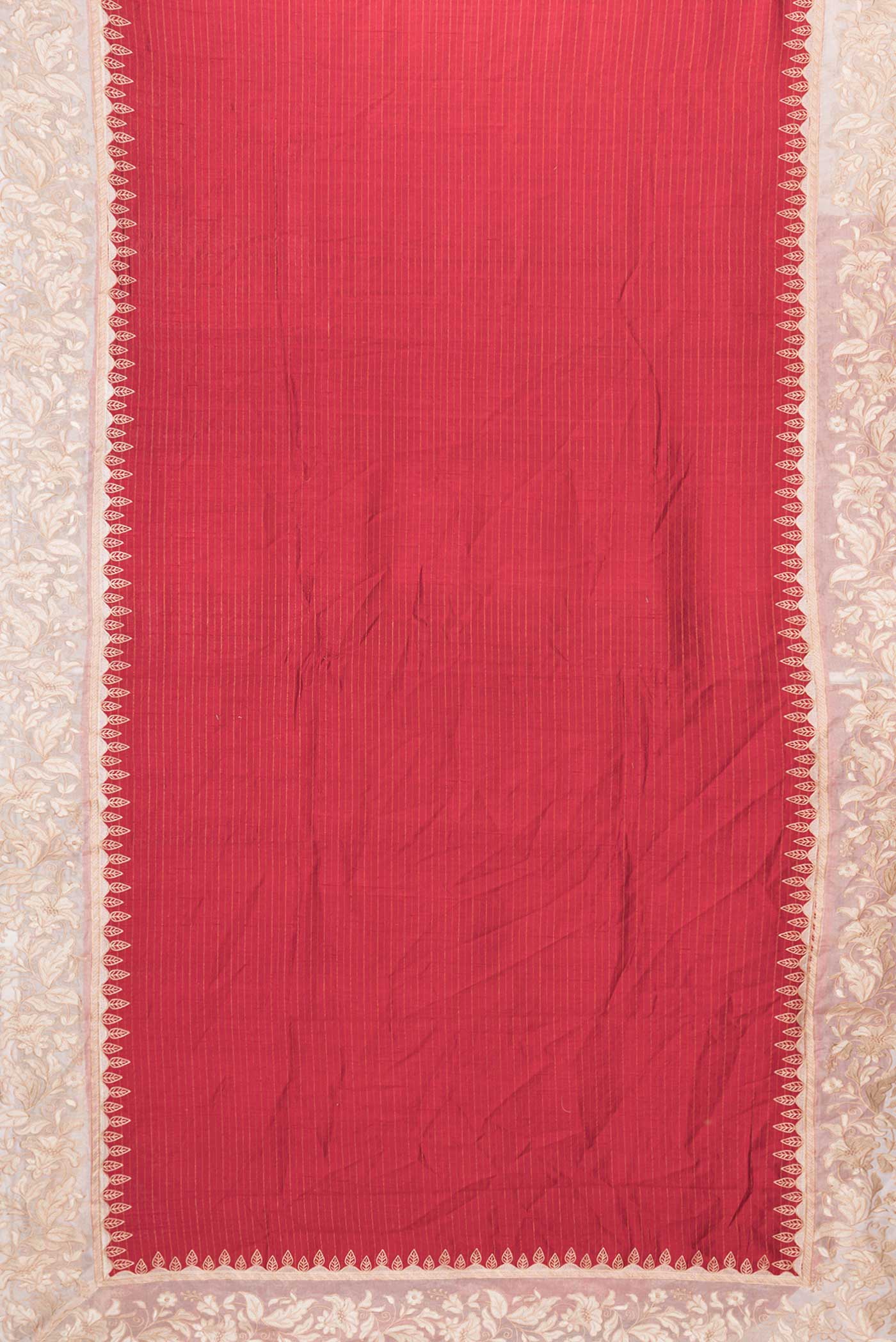 Flat view of Red Dual Tone Tussar Silk Saree with Stripes on the body and Embroidery Border