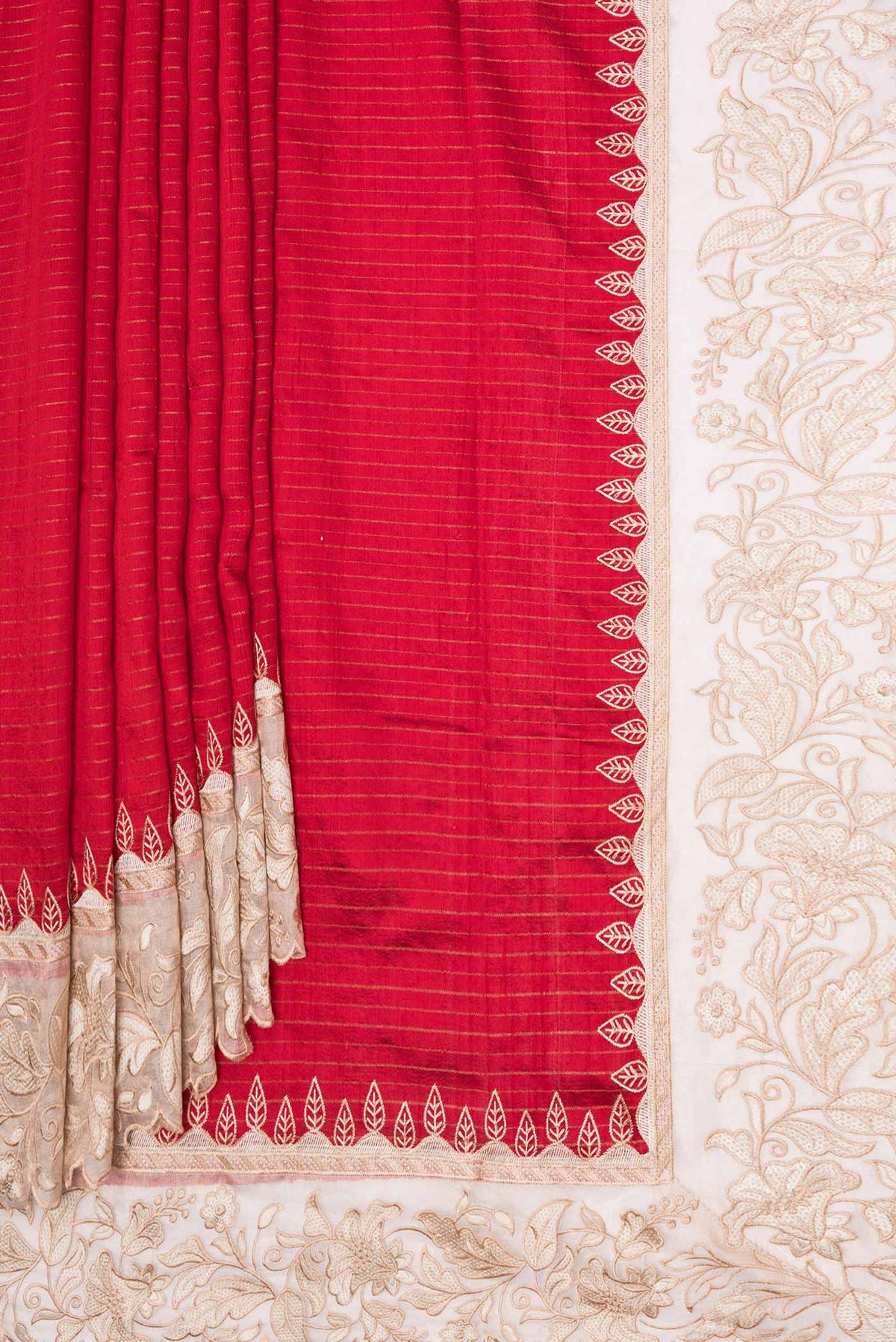 Pleats and pallu of Red Dual Tone Tussar Silk Saree with Stripes on the body and Embroidery Border