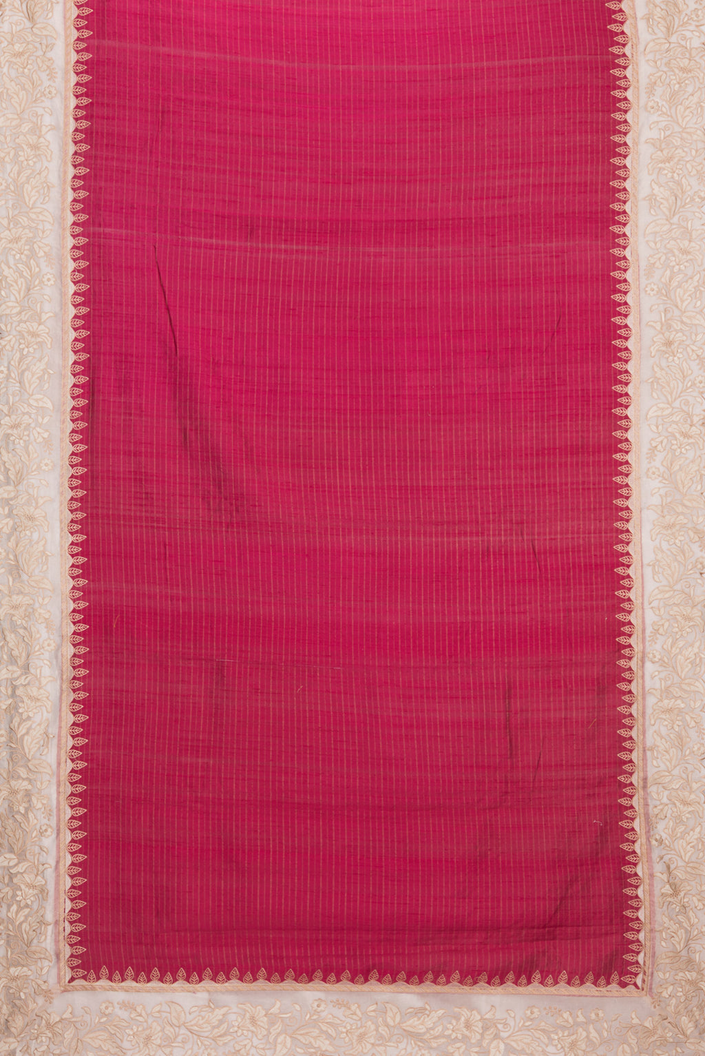Flat view of Dark Pink Tussar Silk Saree with Stripes on the body and Fancy Border. 