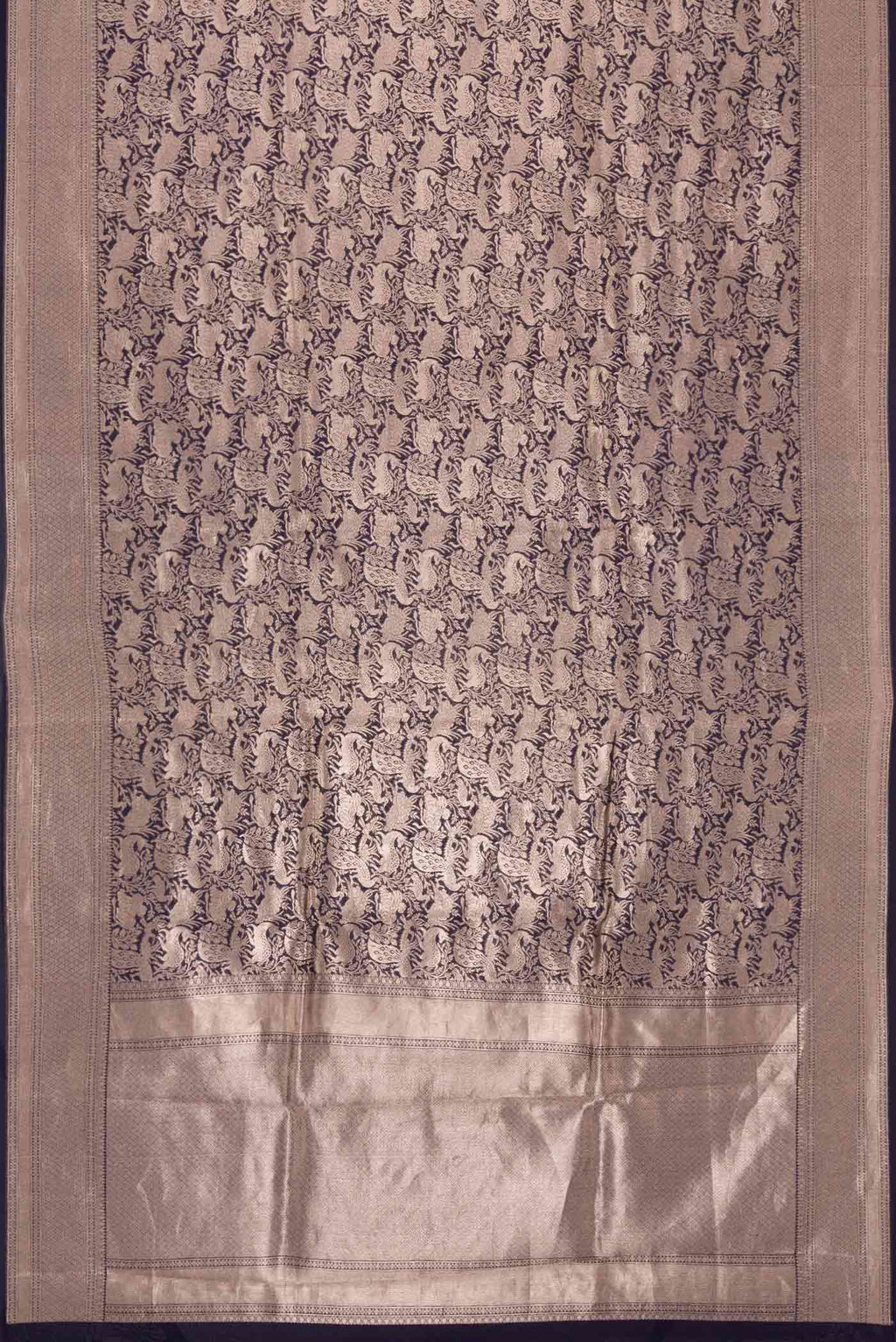 Flat view of Navy Blue Dual Tone Banarasi Silk Saree with Zari Brocade on the body and Zari Border
