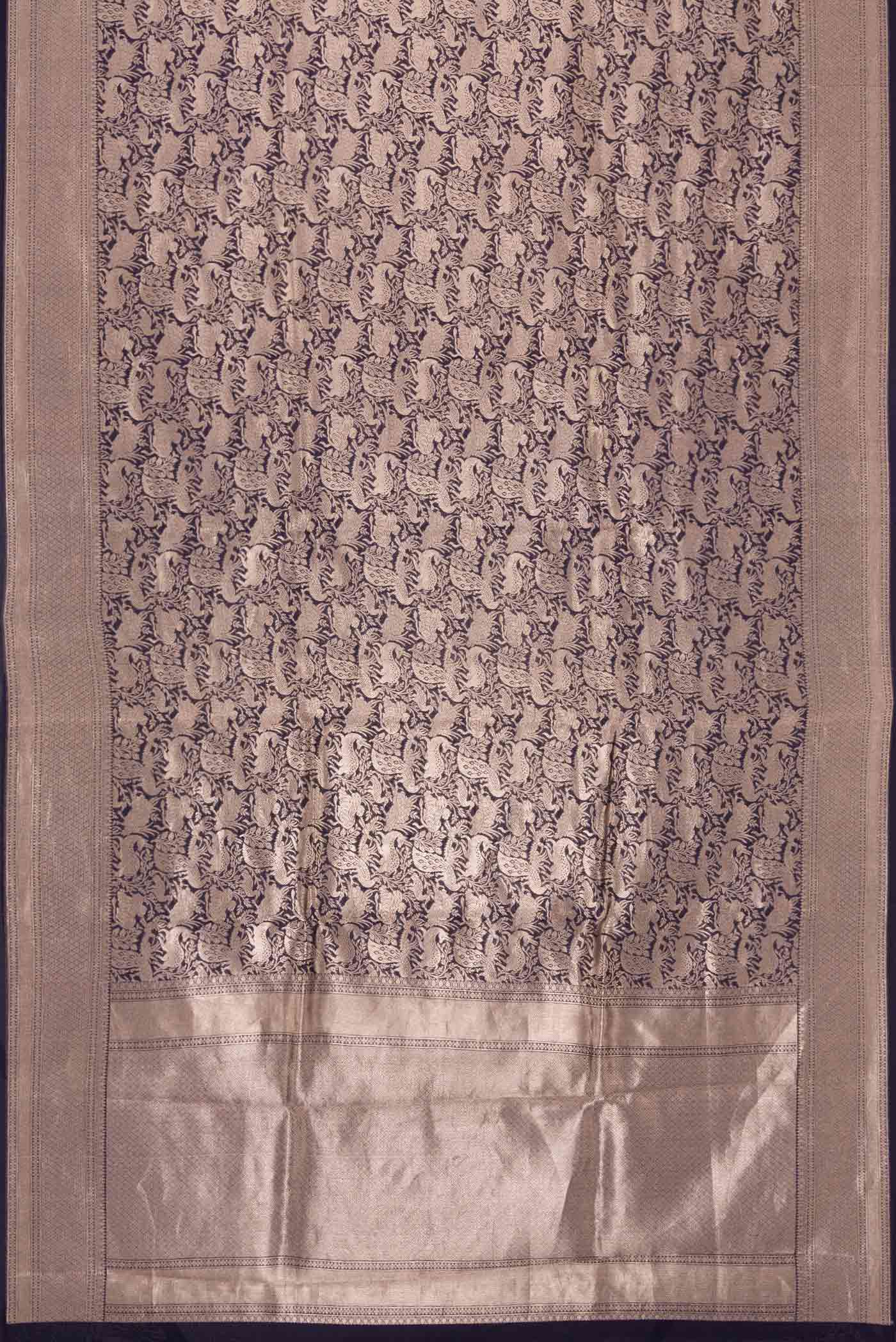 Flat view of Navy Blue Dual Tone Banarasi Silk Saree with Zari Brocade on the body and Zari Border