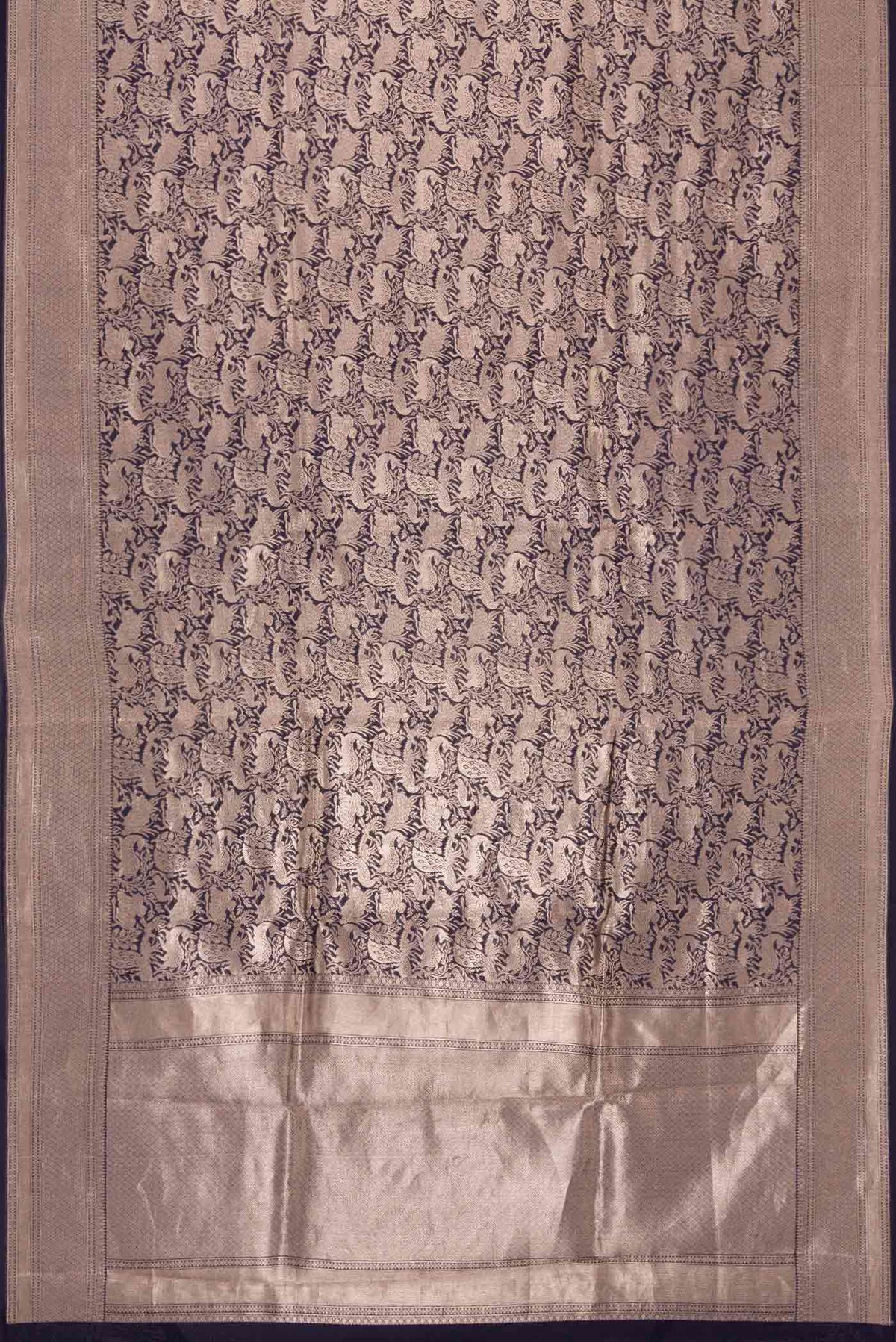 Flat view of Navy Blue Dual Tone Banarasi Silk Saree with Zari Brocade on the body and Zari Border