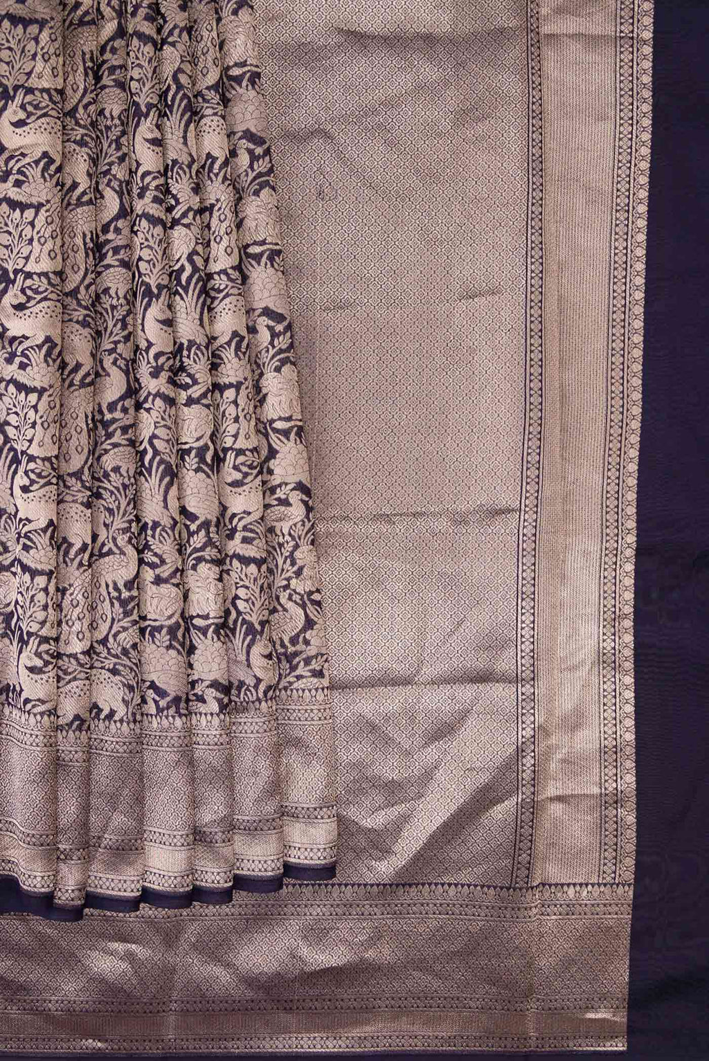 Pleats and pallu of Navy Blue Dual Tone Banarasi Silk Saree with Zari Brocade on the body and Zari Border