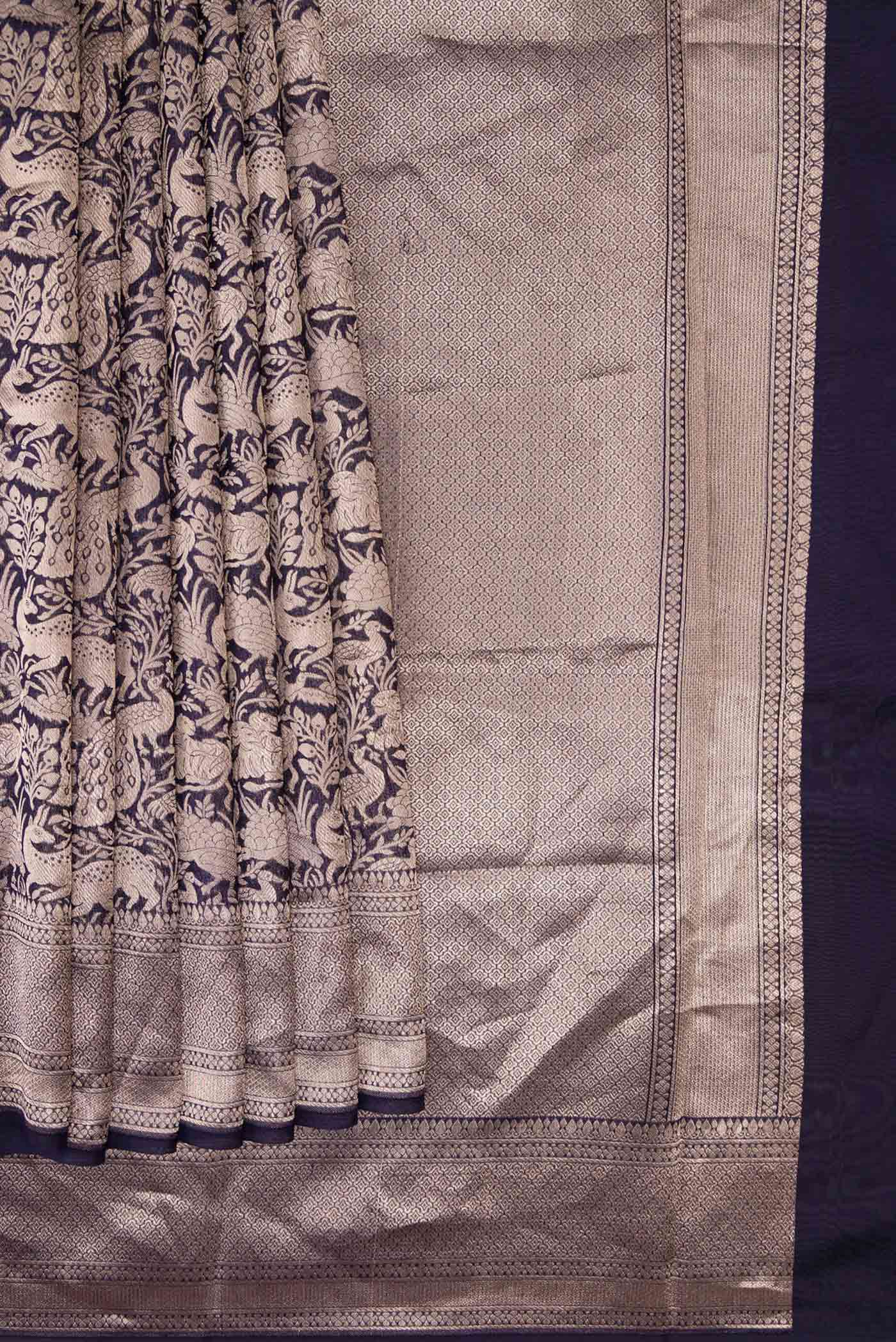 Pleats and pallu of Navy Blue Dual Tone Banarasi Silk Saree with Zari Brocade on the body and Zari Border