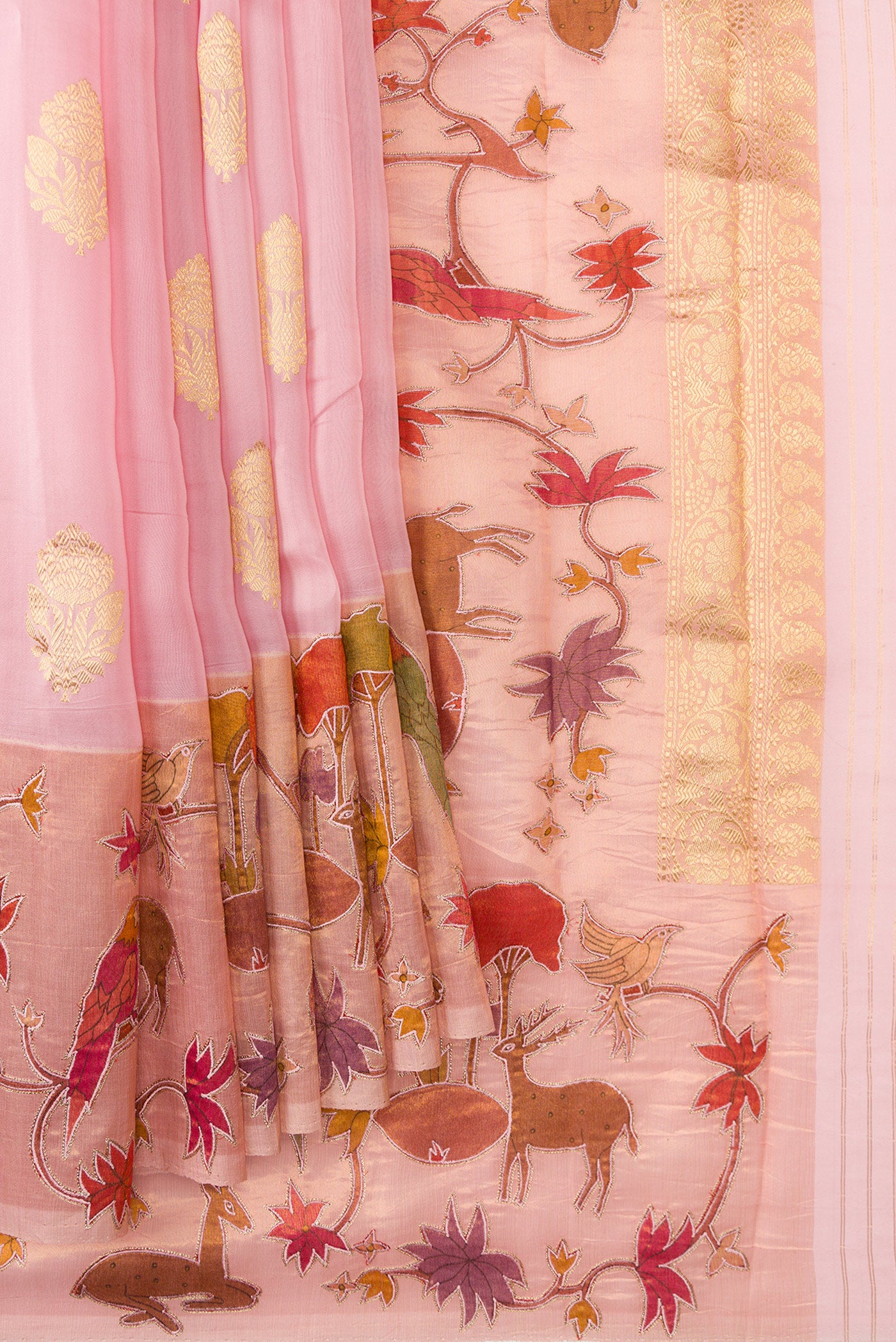 Pleats and pallu of Pink Dual Tone Chanderi Silk Saree with Zari Butta on the body and Fancy Border. 