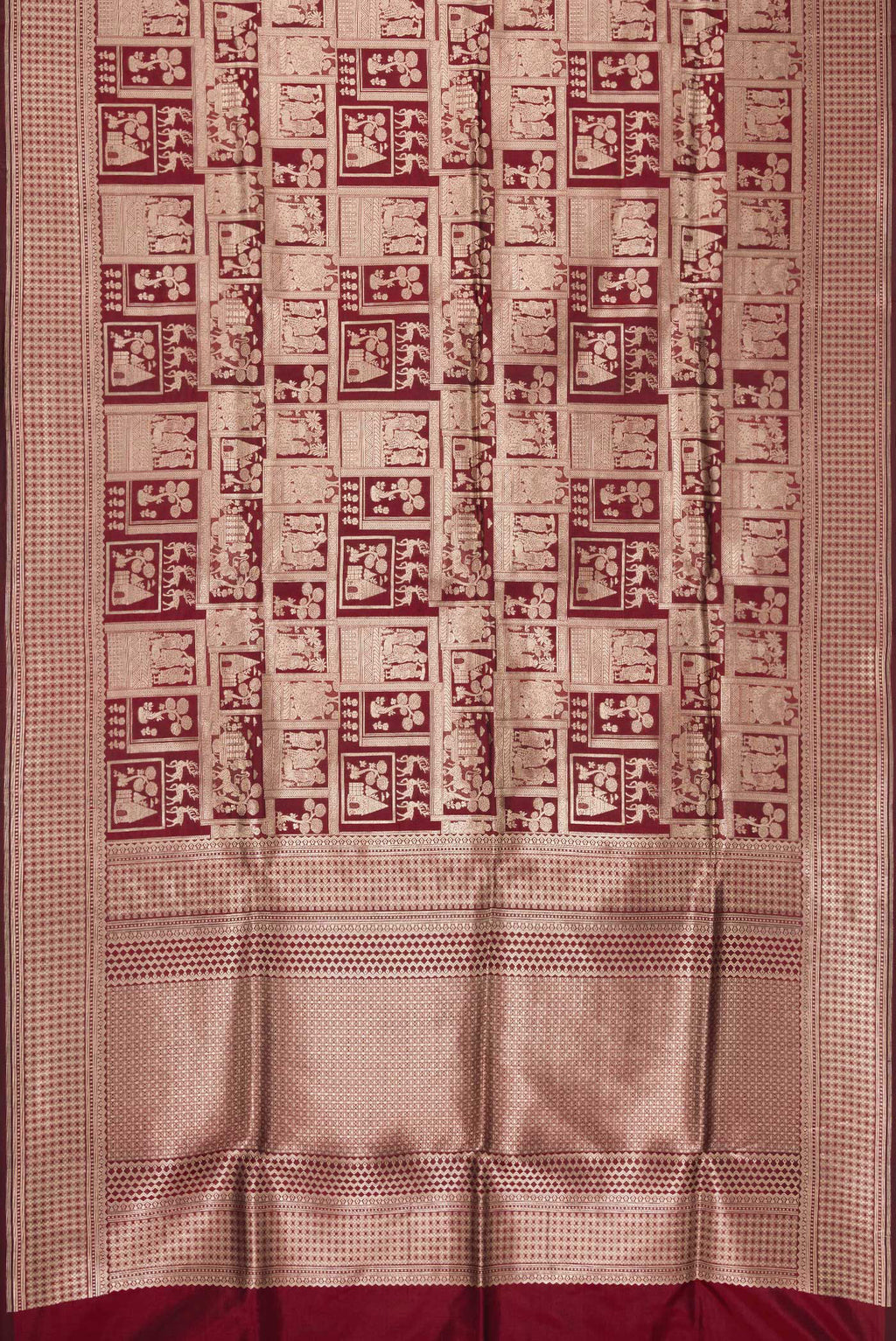 Flat view of Maroon Dual Tone Banarasi Silk Saree with Zari Brocade on the body and Zari Border. 