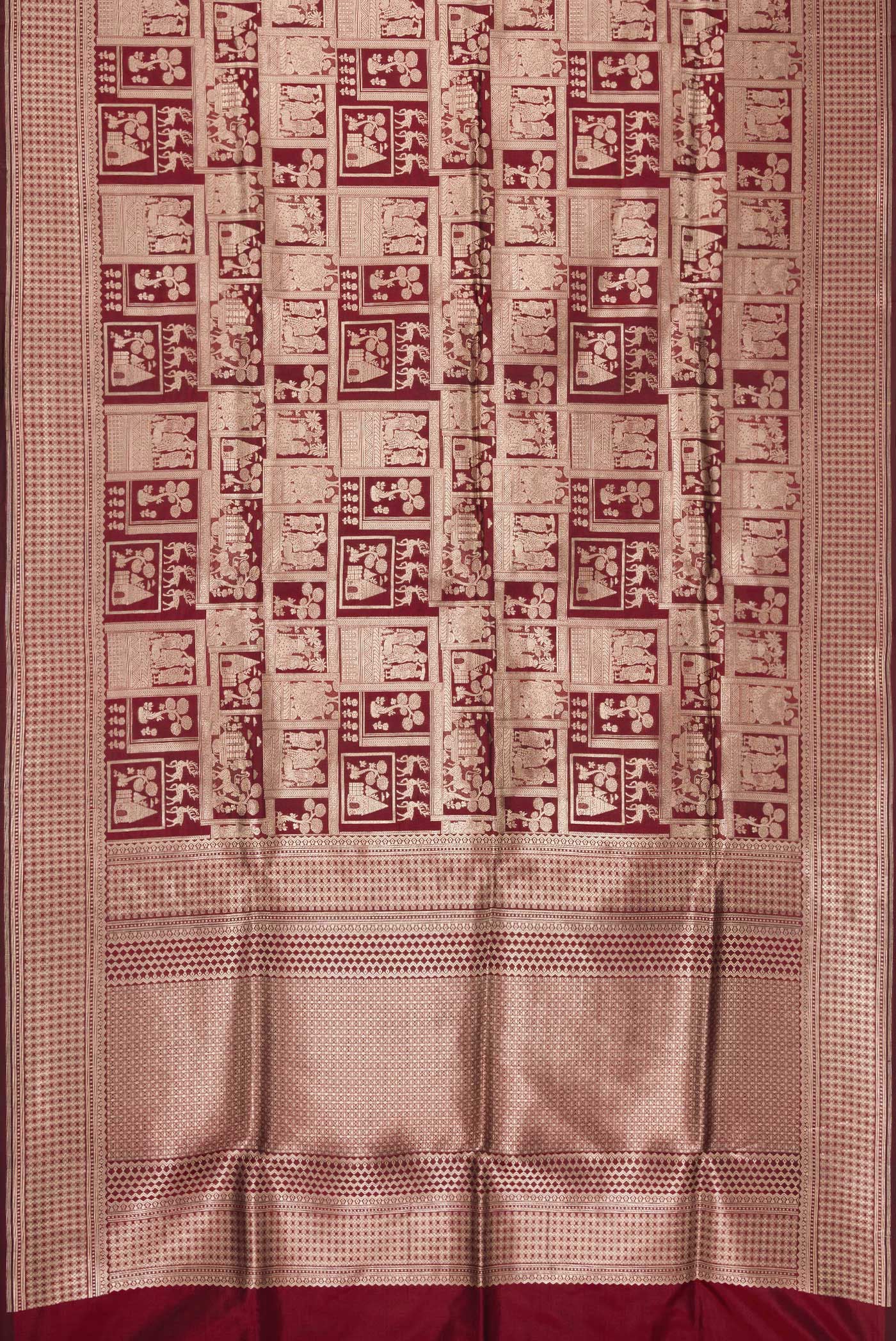 Flat view of Maroon Dual Tone Banarasi Silk Saree with Zari Brocade on the body and Zari Border. 