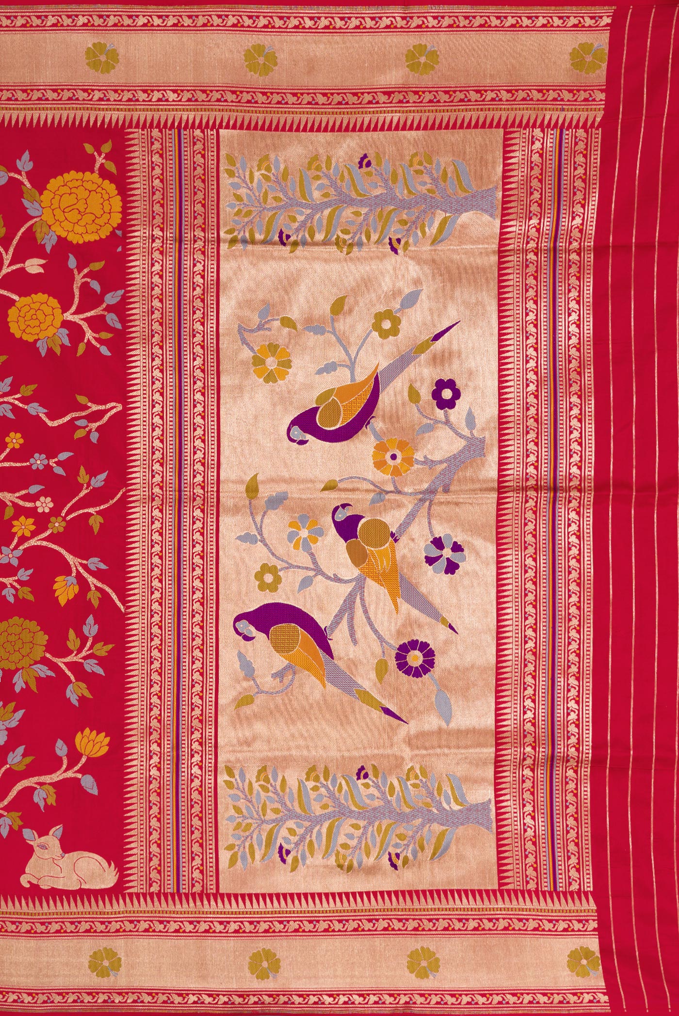 Close up image of the pallu of Maroon Dual Tone Banarasi Silk Saree with Zari Brocade on the body and Fancy Border. 