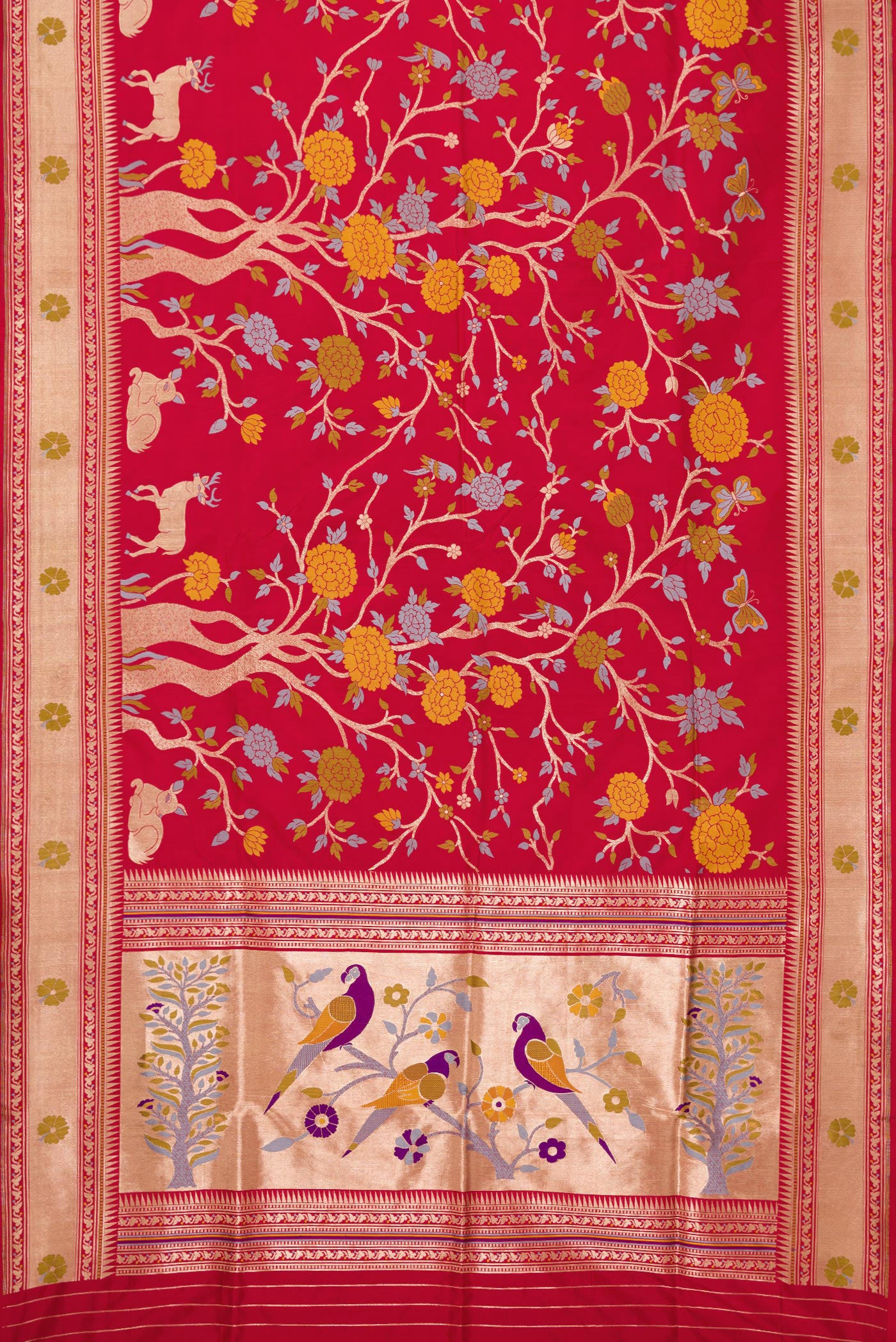 Flat view of Maroon Dual Tone Banarasi Silk Saree with Zari Brocade on the body and Fancy Border. 