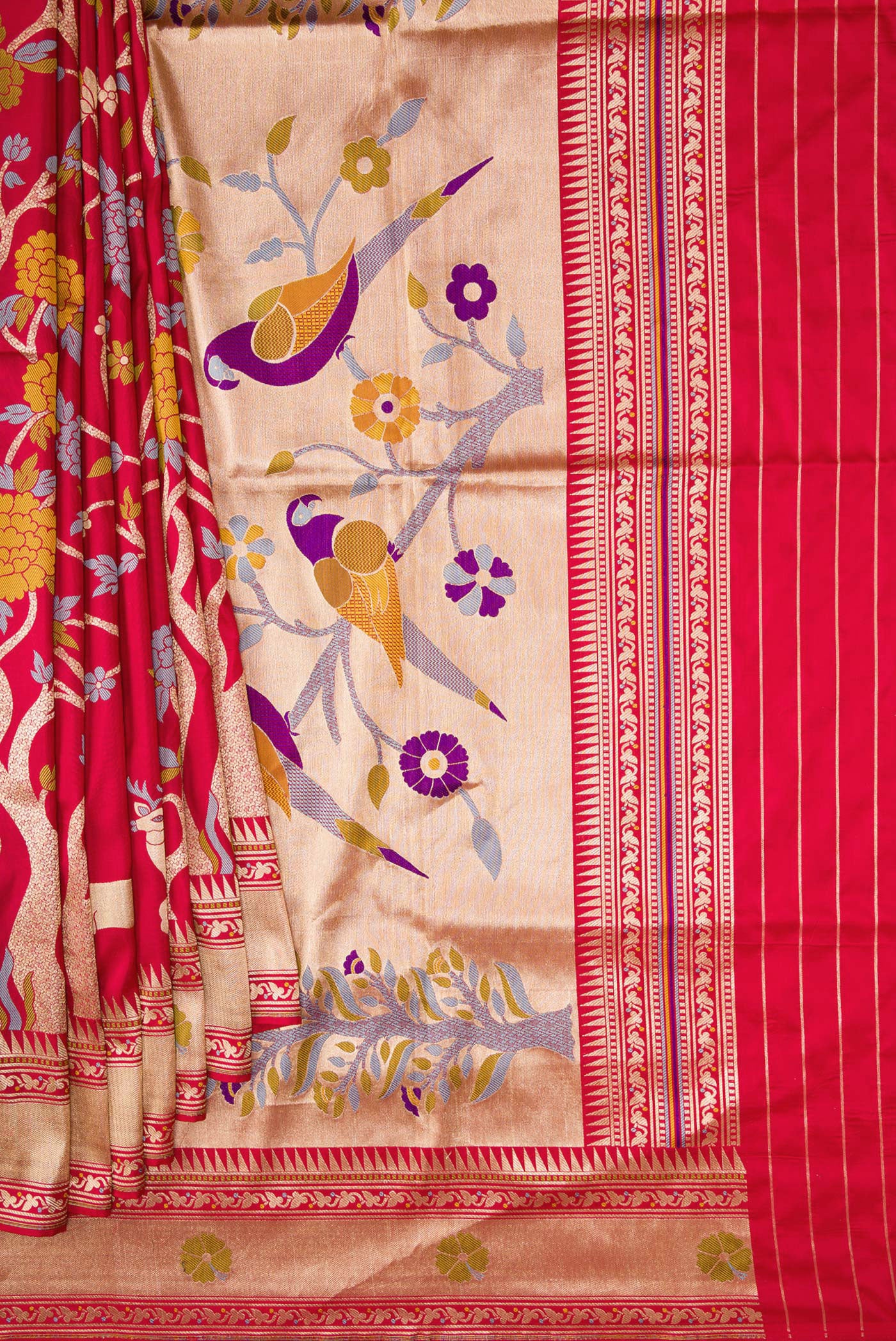 Pleats and pallu of Maroon Dual Tone Banarasi Silk Saree with Zari Brocade on the body and Fancy Border. 