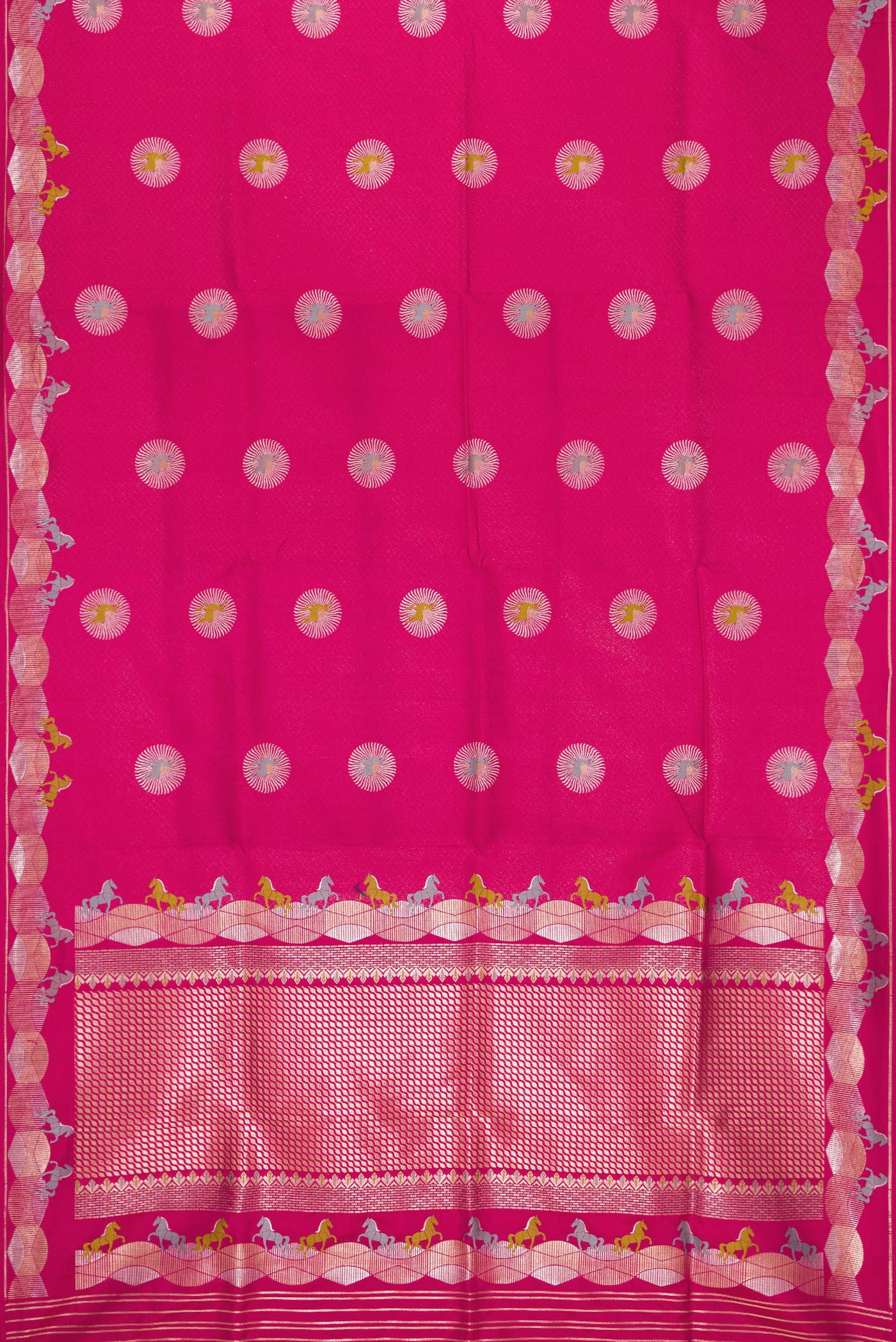 Flat view of Dark Pink Dual Tone Banarasi Silk Saree with Zari Brocade on the body and Fancy Border. 