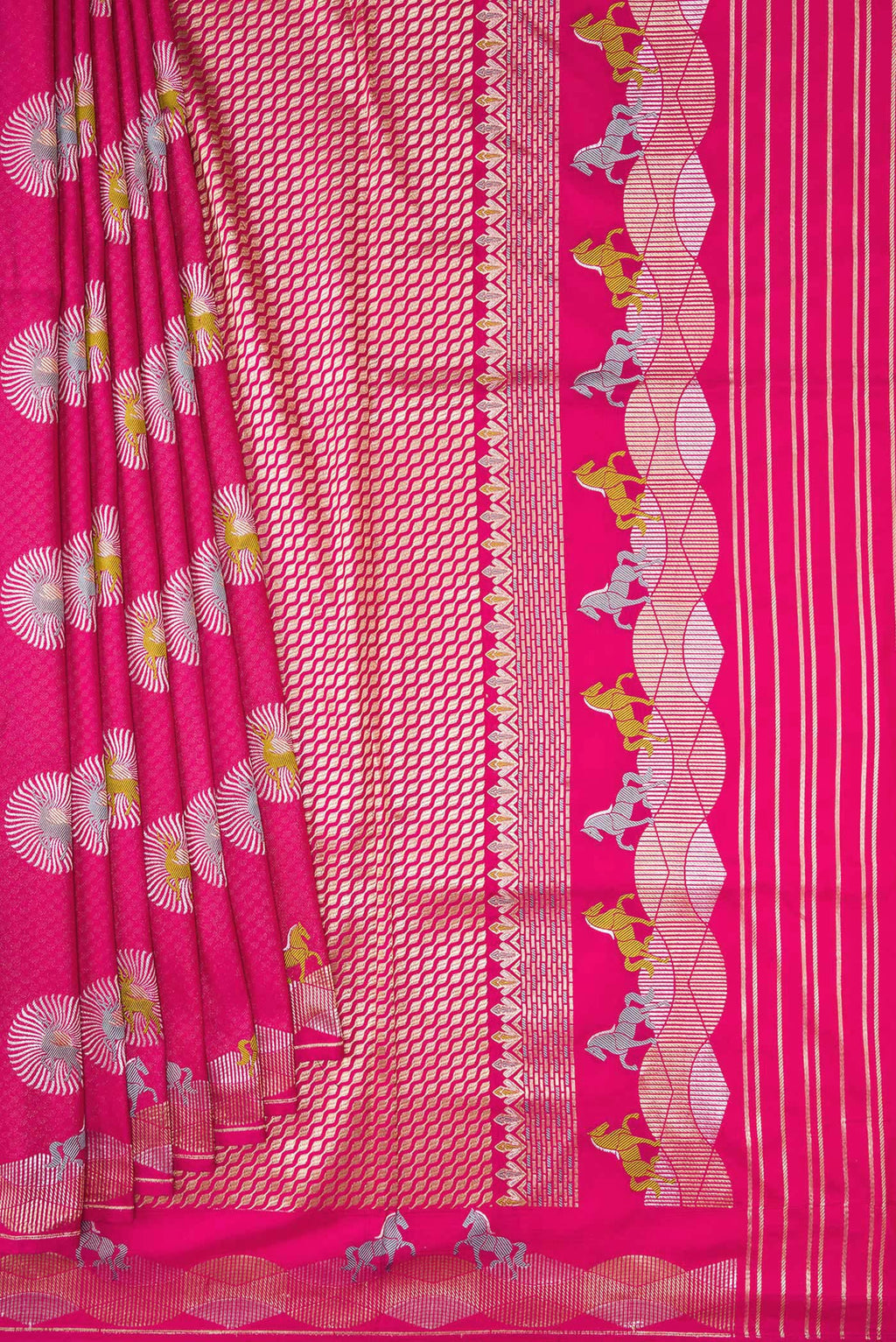 Pleats and pallu of Dark Pink Dual Tone Banarasi Silk Saree with Zari Brocade on the body and Fancy Border. 