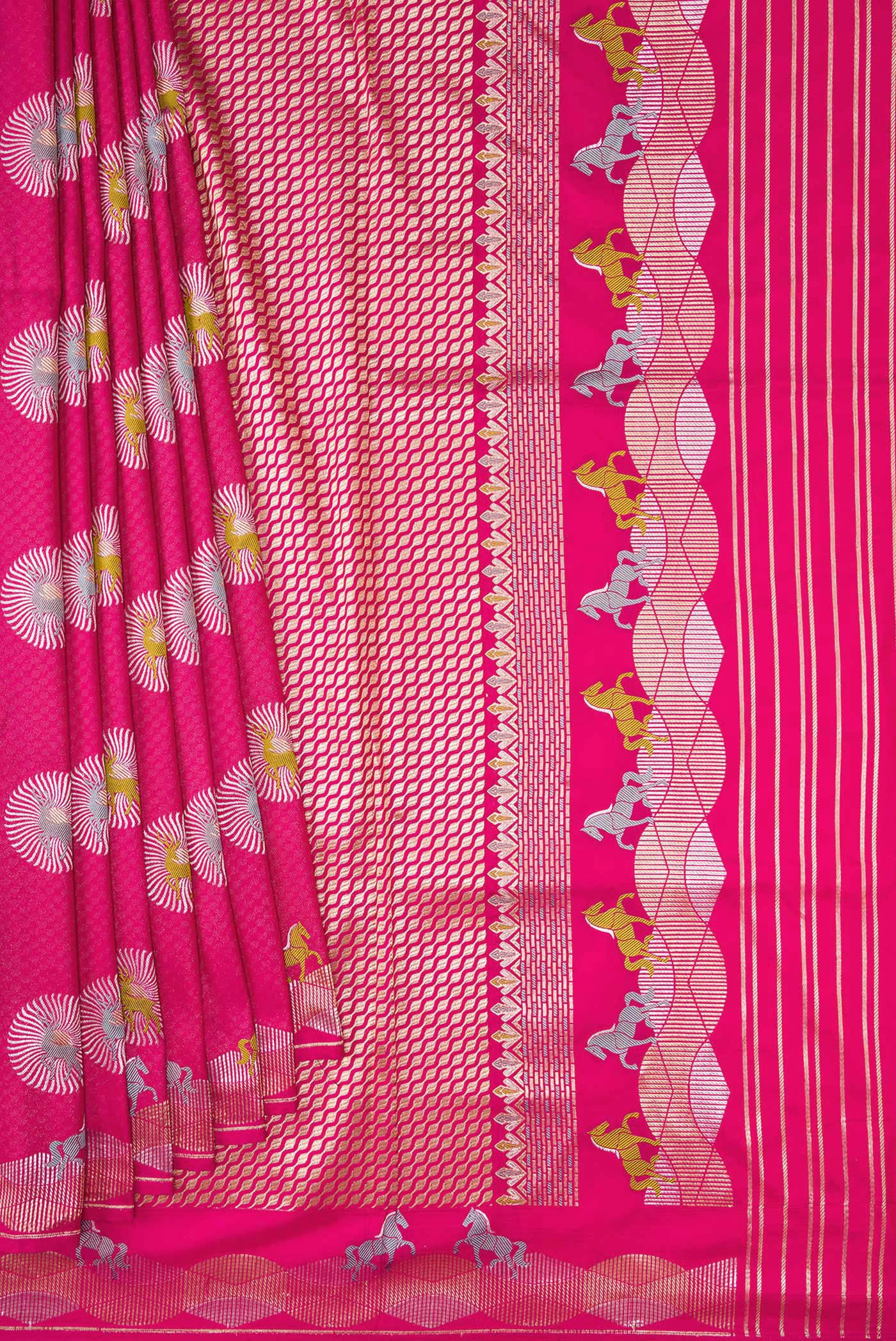 Pleats and pallu of Dark Pink Dual Tone Banarasi Silk Saree with Zari Brocade on the body and Fancy Border. 