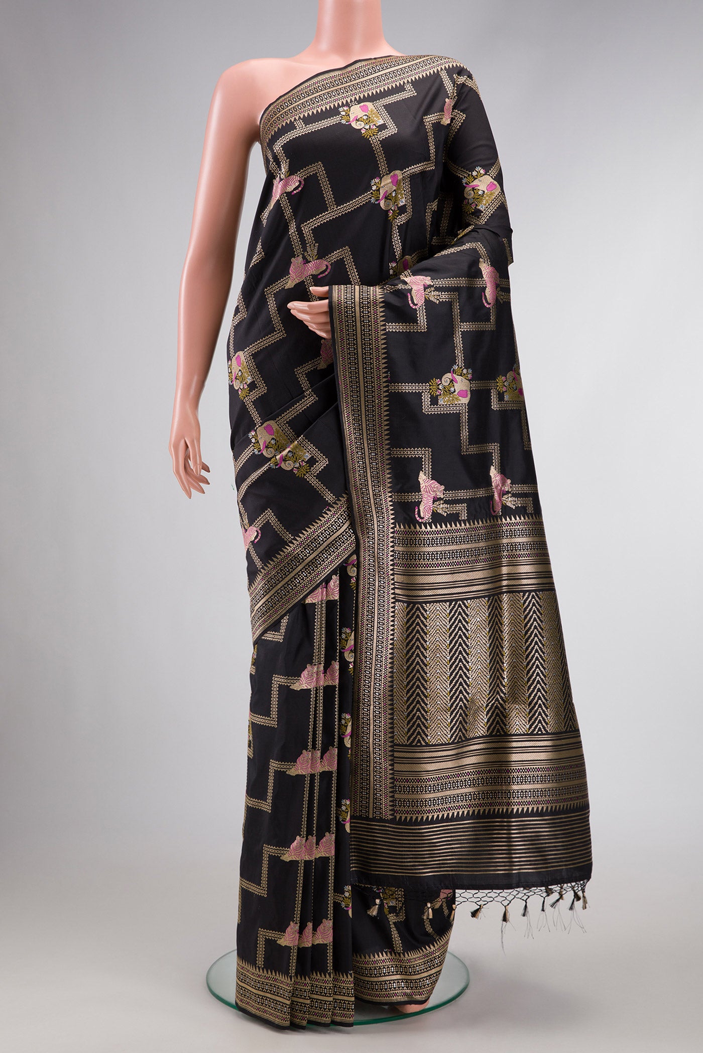 Black Dual Tone Banarasi Silk Saree with Zari Brocade on the body and Fancy Border.  displayed on a mannequin