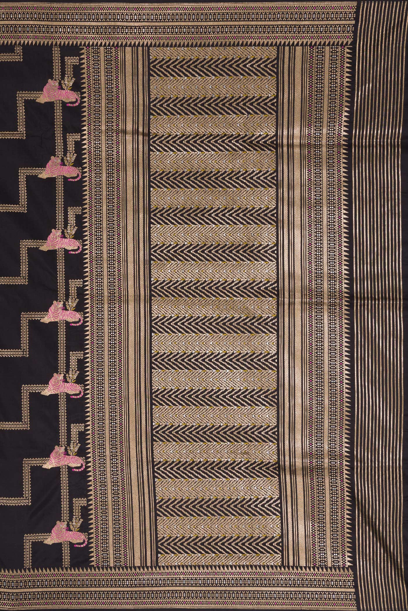 Close up image of the pallu of Black Dual Tone Banarasi Silk Saree with Zari Brocade on the body and Fancy Border. 
