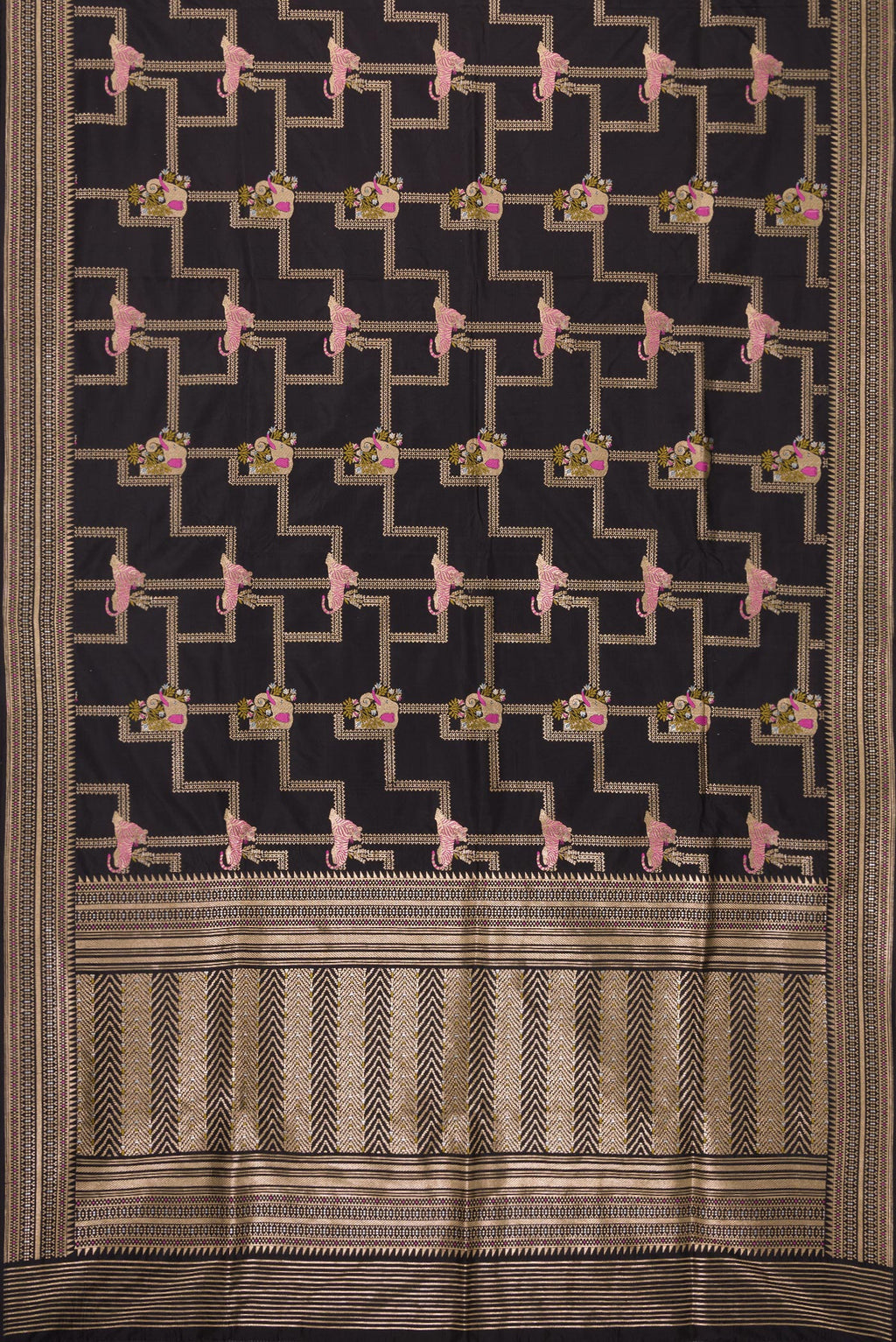 Flat view of Black Dual Tone Banarasi Silk Saree with Zari Brocade on the body and Fancy Border. 