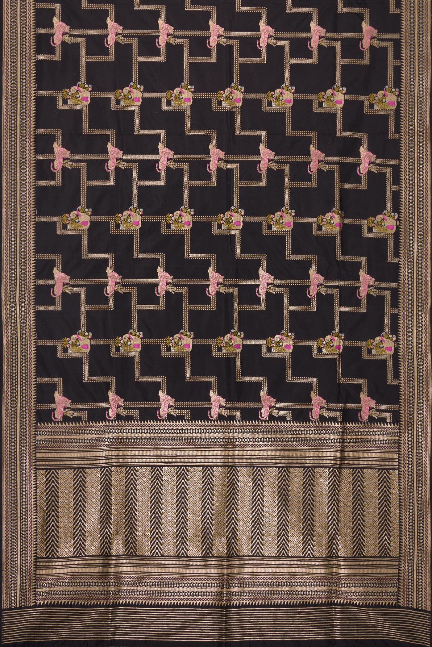 Flat view of Black Dual Tone Banarasi Silk Saree with Zari Brocade on the body and Fancy Border. 