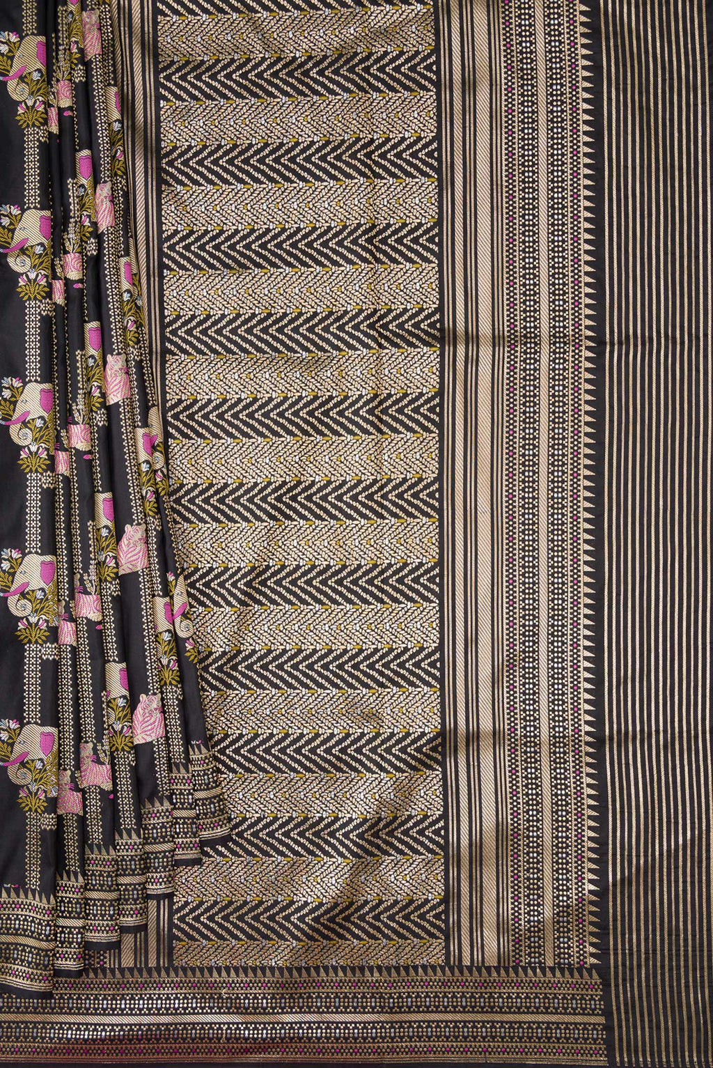Pleats and pallu of Black Dual Tone Banarasi Silk Saree with Zari Brocade on the body and Fancy Border. 