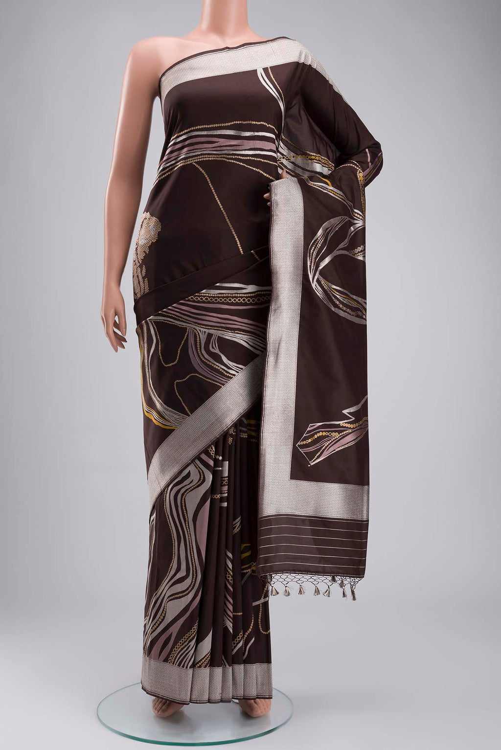 Brown Banarasi Silk Saree with Zari Butta on the body and Zari Border displayed on a mannequin
