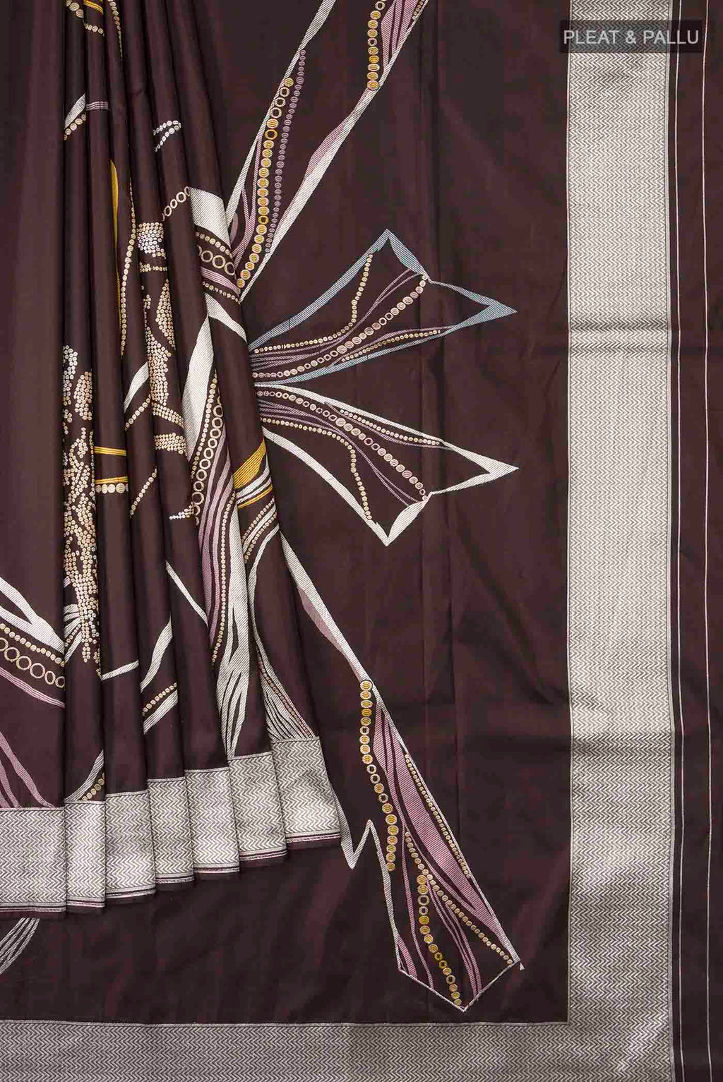 Pleats and pallu of Brown Banarasi Silk Saree with Zari Butta on the body and Zari Border