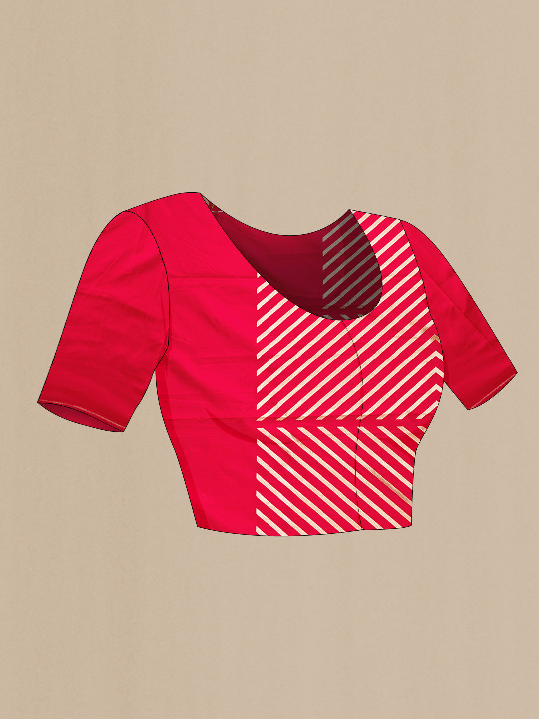 Close up image of the blouse of Red Dual Tone Banarasi Silk Saree with Zari Brocade on the body and Zari Border. 