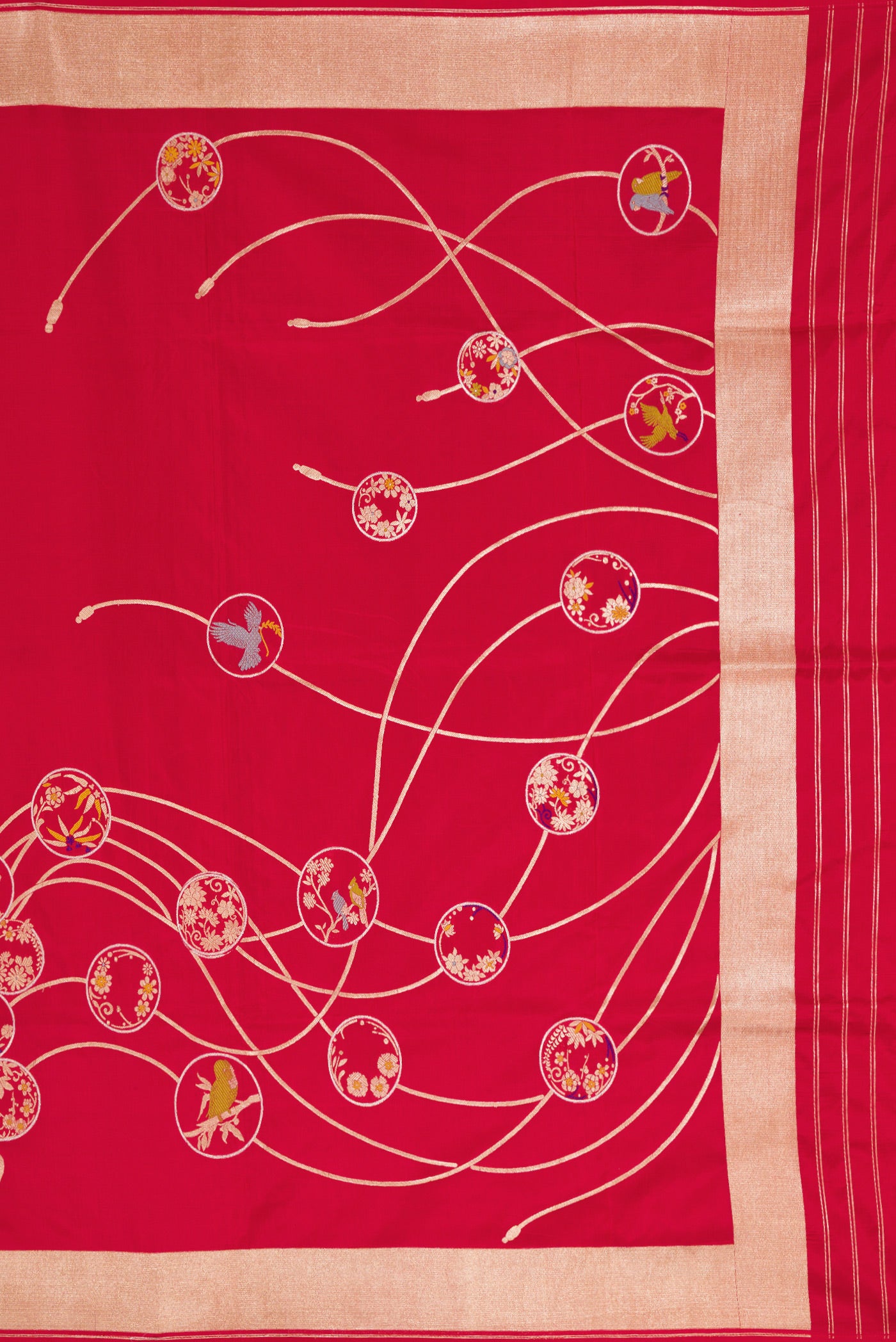 Close up image of the pallu of Red Dual Tone Banarasi Silk Saree with Zari Brocade on the body and Zari Border. 