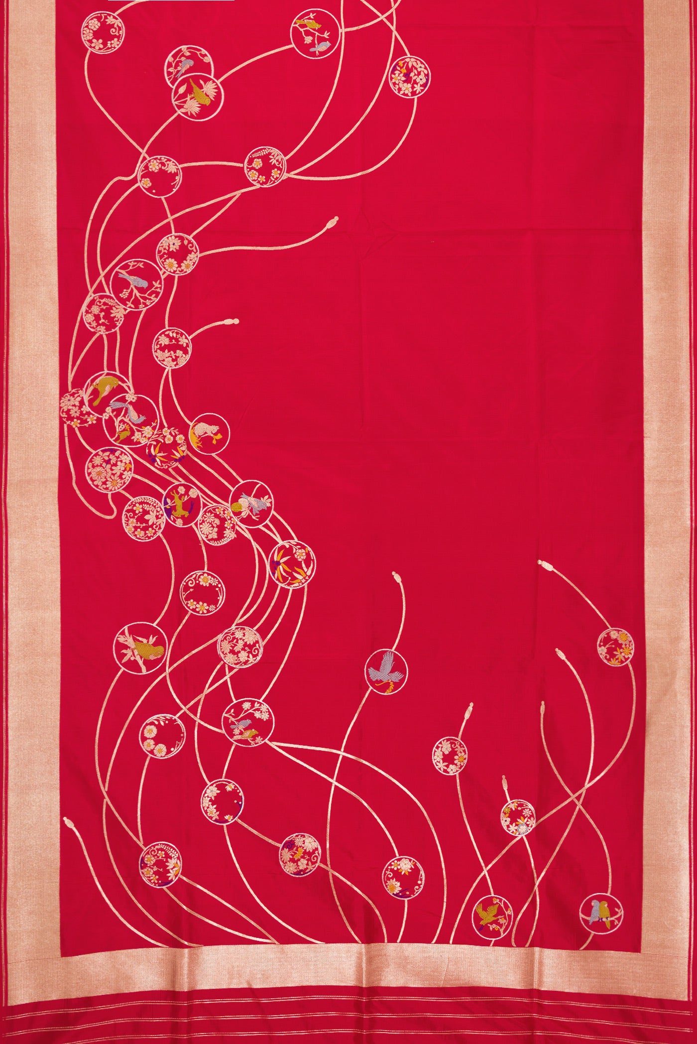 Flat view of Red Dual Tone Banarasi Silk Saree with Zari Brocade on the body and Zari Border. 