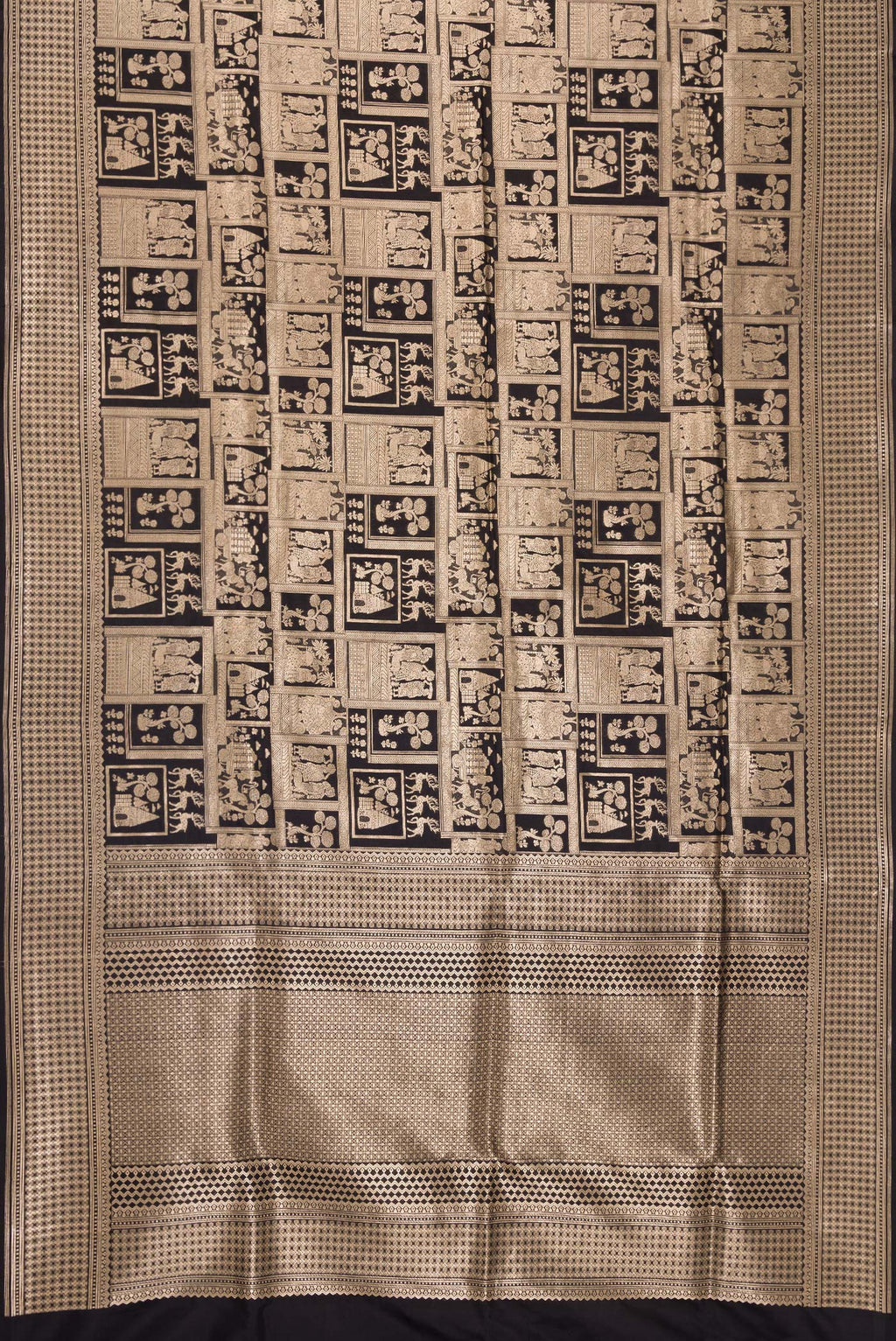 Flat view of Black Dual Tone Banarasi Silk Saree with Zari Brocade on the body and Zari Border. 