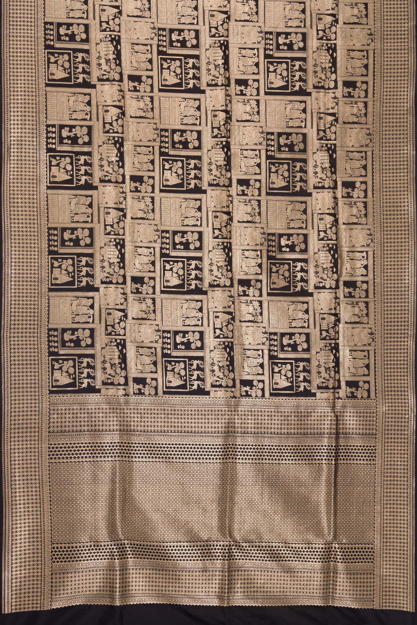 Flat view of Black Dual Tone Banarasi Silk Saree with Zari Brocade on the body and Zari Border. 