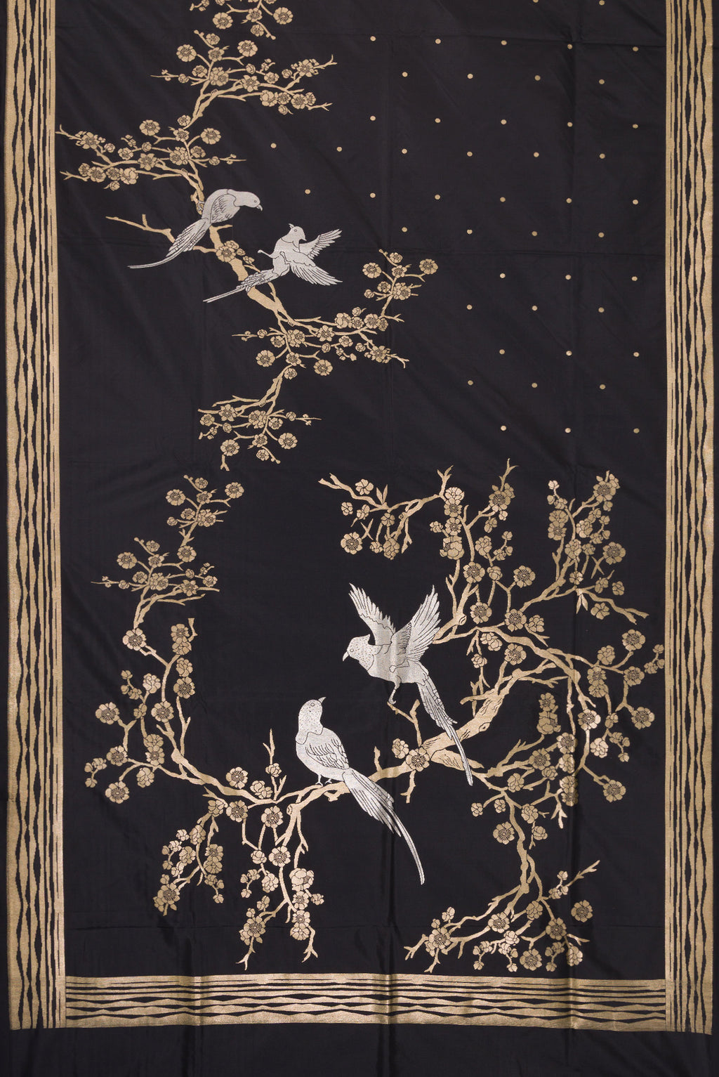 Flat view of Black Dual Tone Banarasi Silk Saree with Zari Brocade on the body and Fancy Border. 