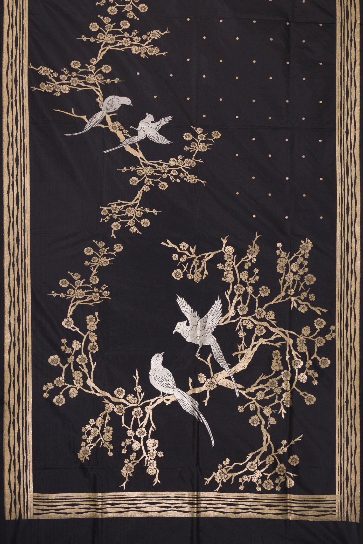 Flat view of Black Dual Tone Banarasi Silk Saree with Zari Brocade on the body and Fancy Border. 