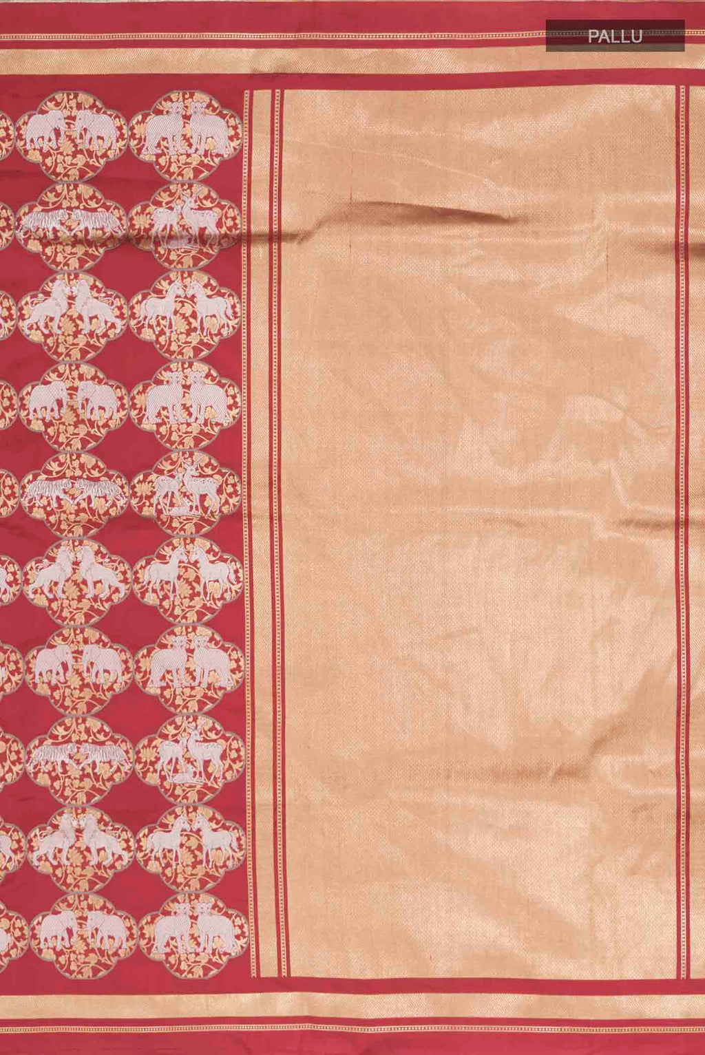 Close up image of the pallu of Maroon Banarasi Silk Saree with Zari Butta on the body and Zari Border