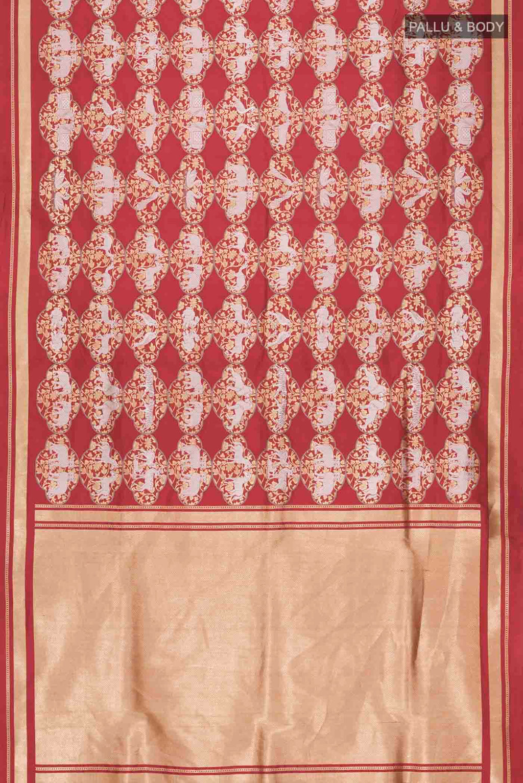 Flat view of Maroon Banarasi Silk Saree with Zari Butta on the body and Zari Border