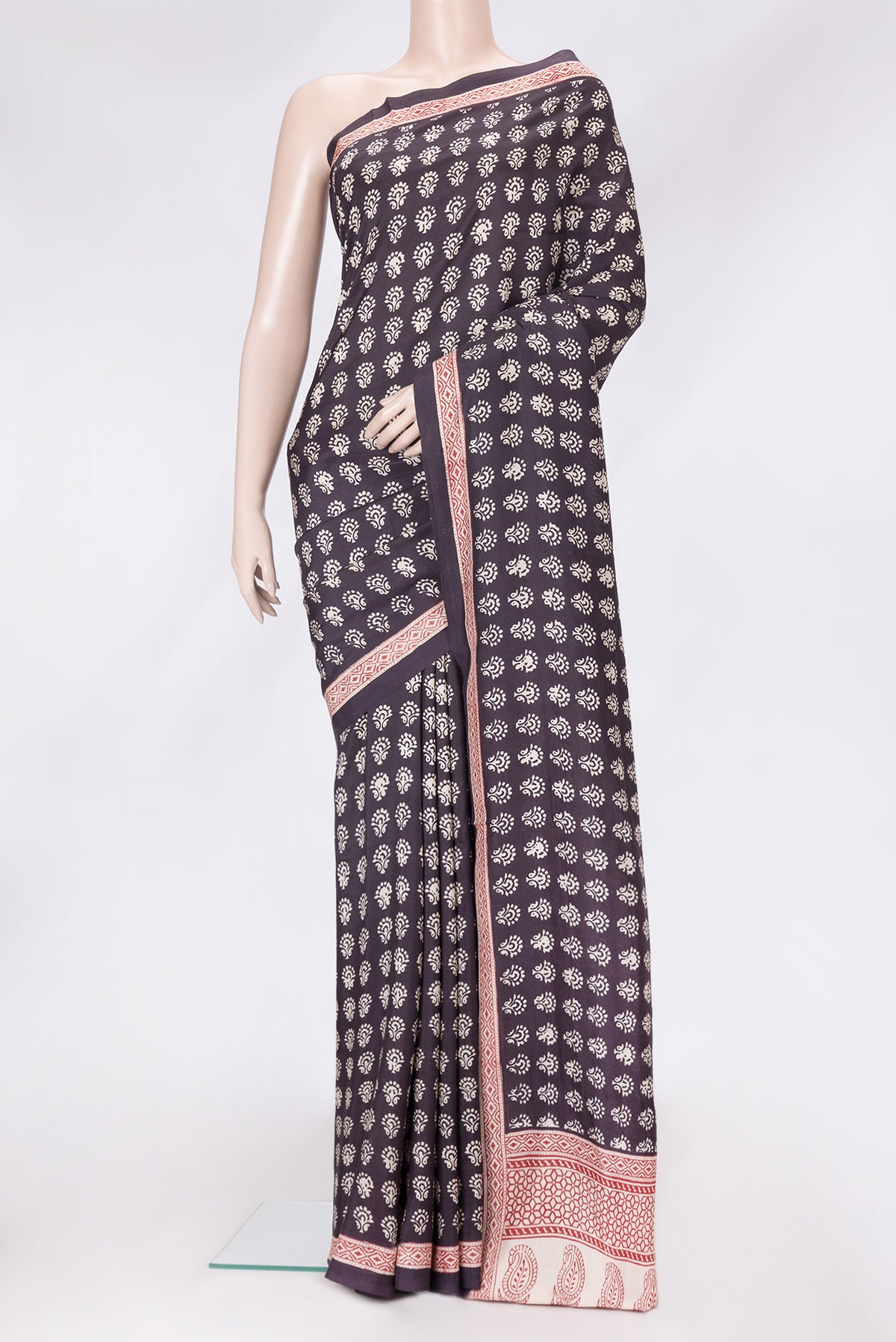 Burgundy Dual Tone Printed Silk Saree with Printed design on the body and Printed Border.  displayed on a mannequin
