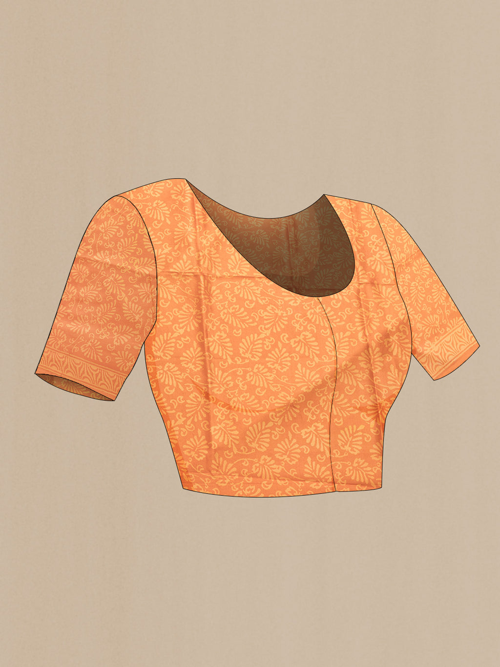 Close up image of the blouse of Orange Dual Tone Printed Silk Saree with Printed design on the body and Printed Border. 
