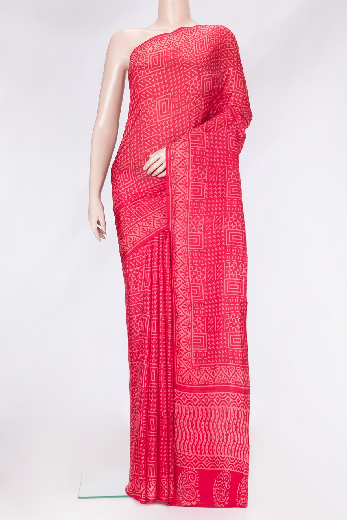 Pink Dual Tone Printed Silk Saree with Printed design on the body and Printed Border.  displayed on a mannequin