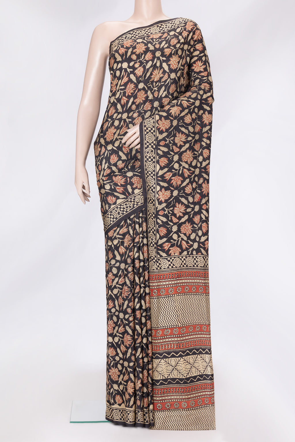 Brown Dual Tone Printed Silk Saree with Printed design on the body and Printed Border.  displayed on a mannequin