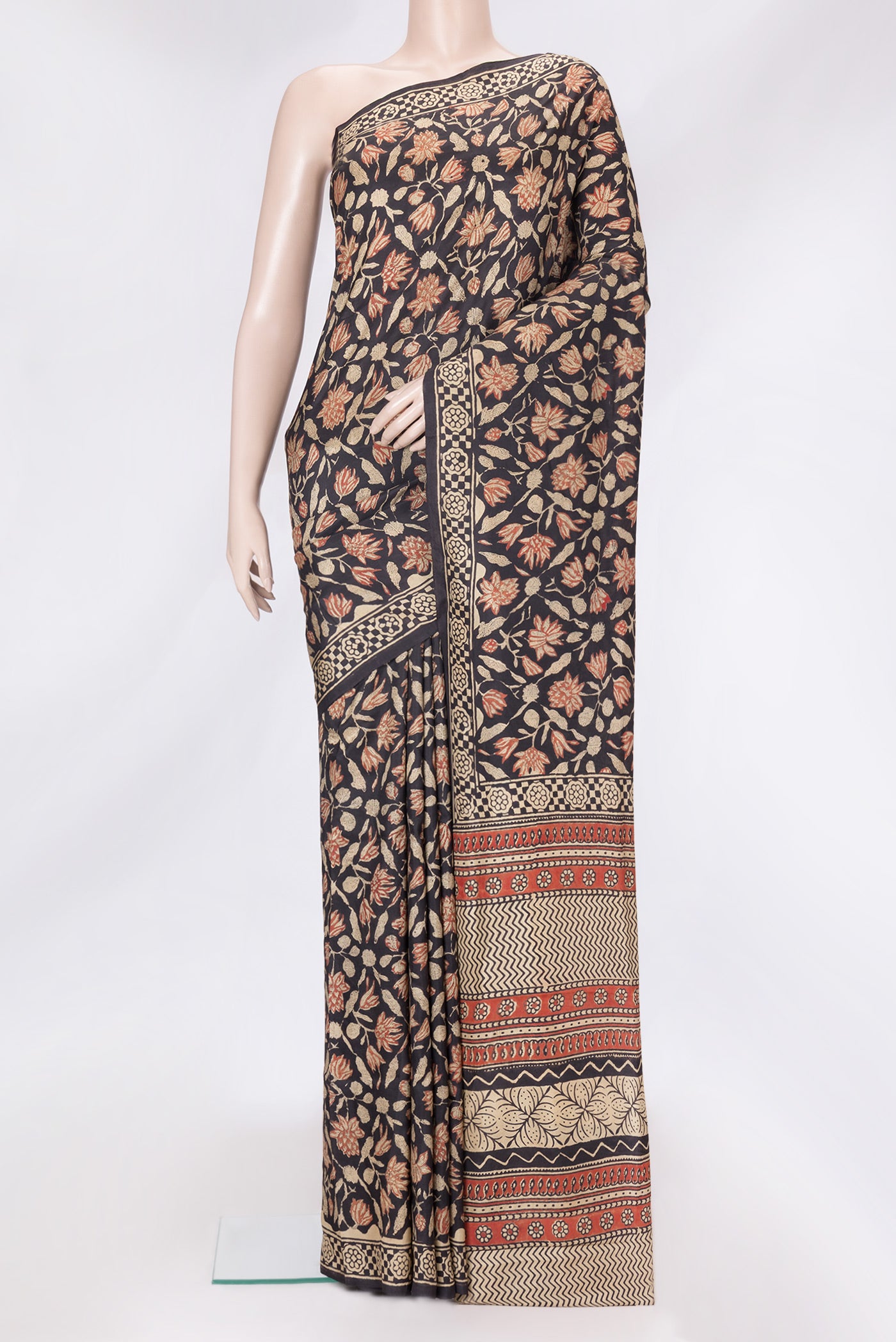Brown Dual Tone Printed Silk Saree with Printed design on the body and Printed Border.  displayed on a mannequin