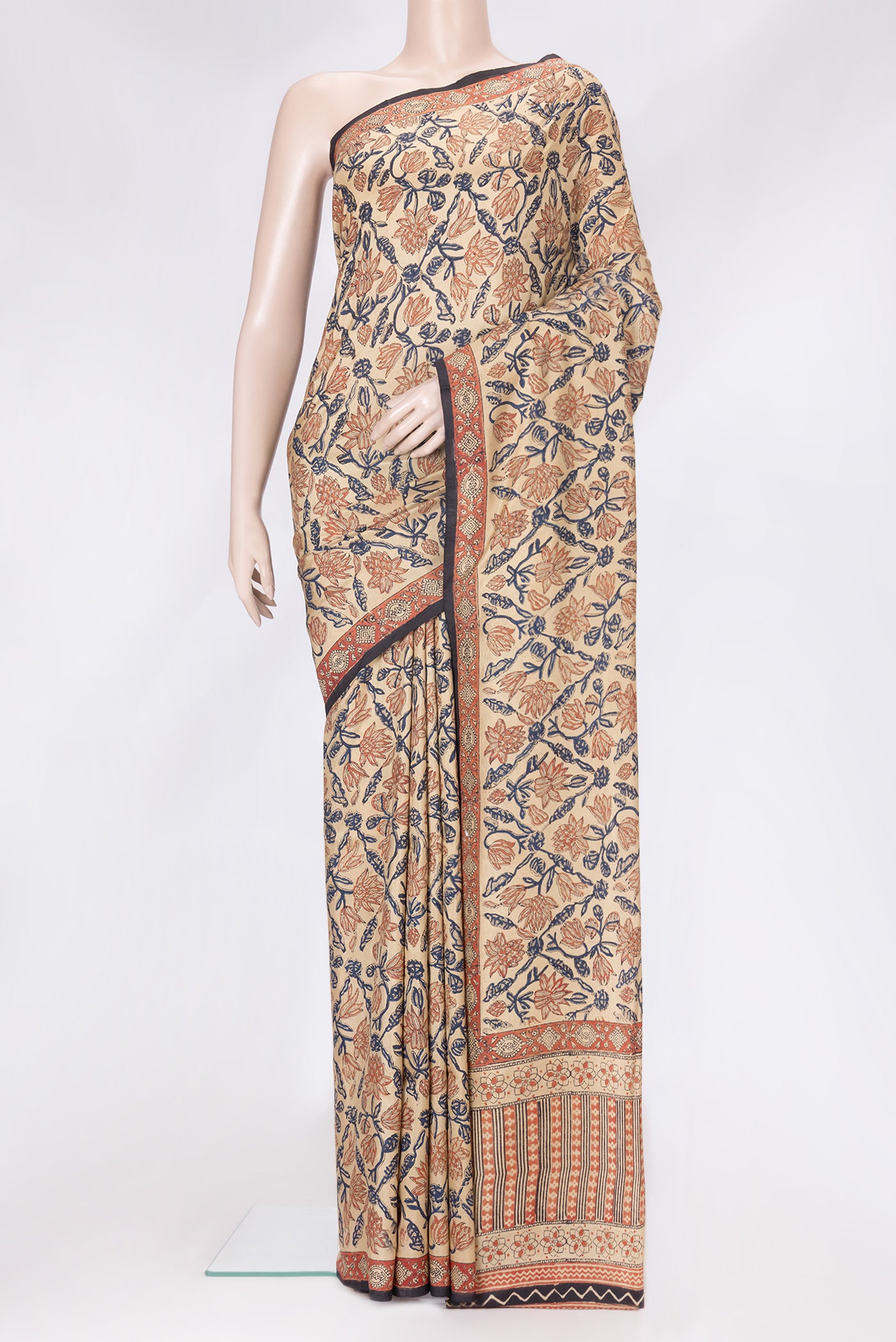 Beige Dual Tone Printed Silk Saree with Printed design on the body and Printed Border.  displayed on a mannequin