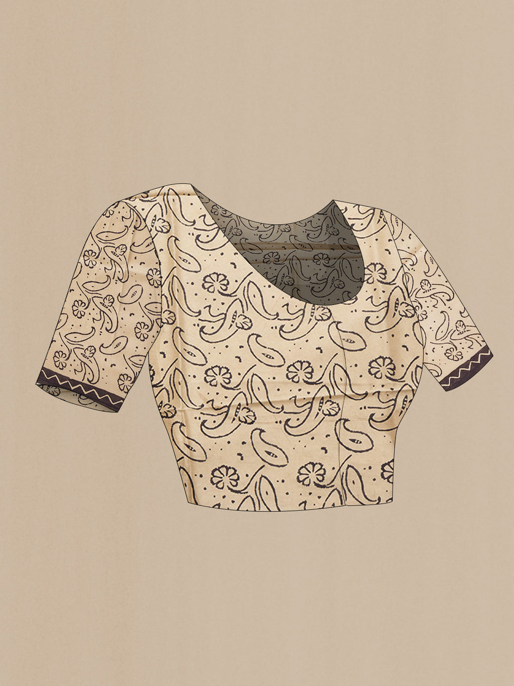 Close up image of the blouse of Coffee Brown Dual Tone Printed Silk Saree with Printed design on the body and Printed Border. 