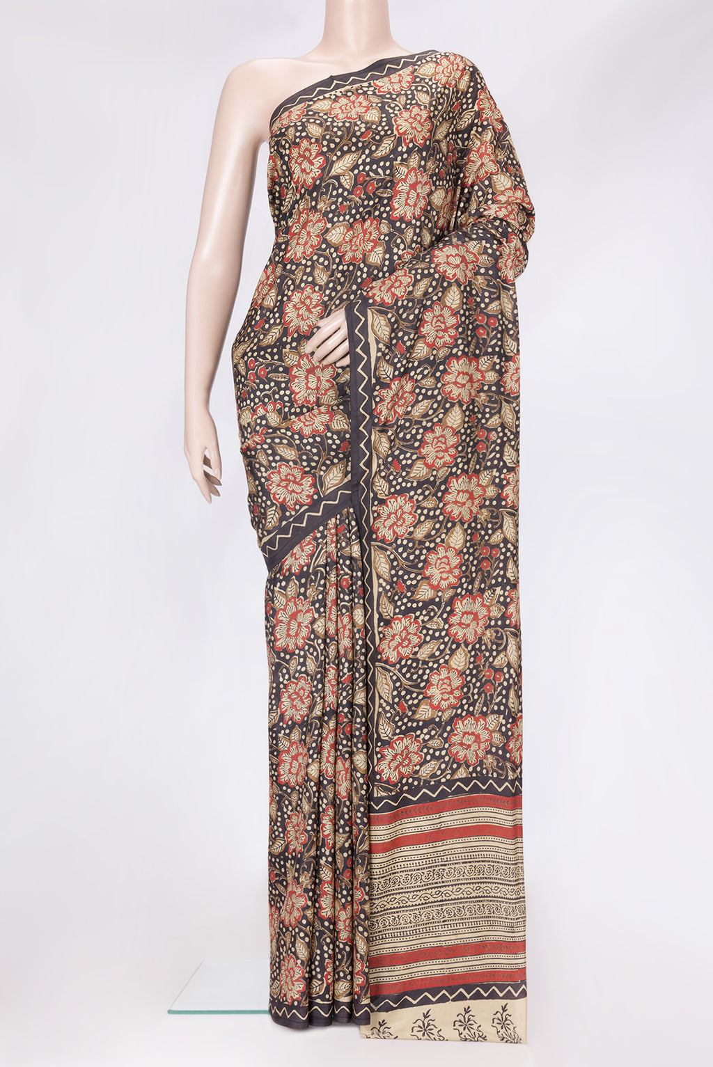 Coffee Brown Dual Tone Printed Silk Saree with Printed design on the body and Printed Border.  displayed on a mannequin