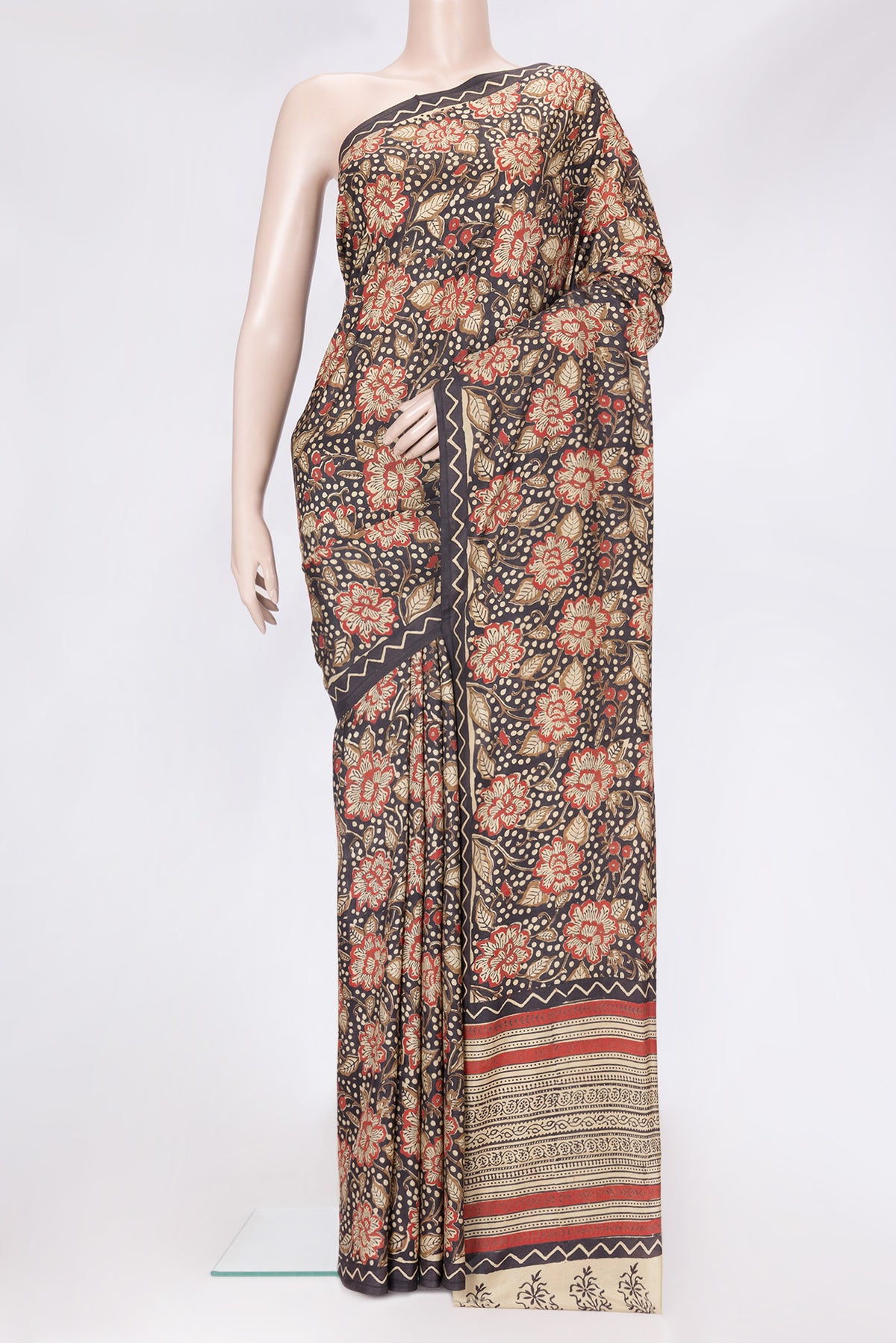 Coffee Brown Dual Tone Printed Silk Saree with Printed design on the body and Printed Border.  displayed on a mannequin