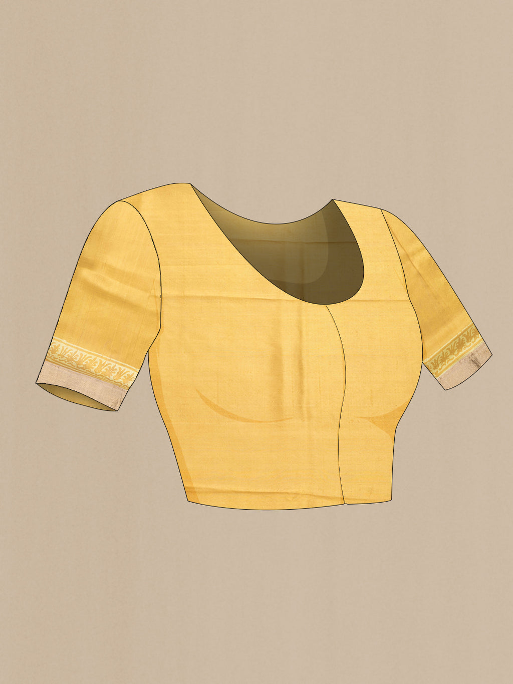 Close up image of the blouse of Yellow Dual Tone Tussar Silk Saree with Printed design on the body and Zari Border. 